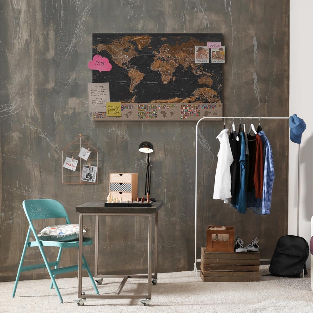 murando - Mapamundi con tablero para clavar chinchetas 120x80 cm - Cuadro | Lienzo estructurado - 1 parte - Panel de Fibra - Mapa del Mundo Continente