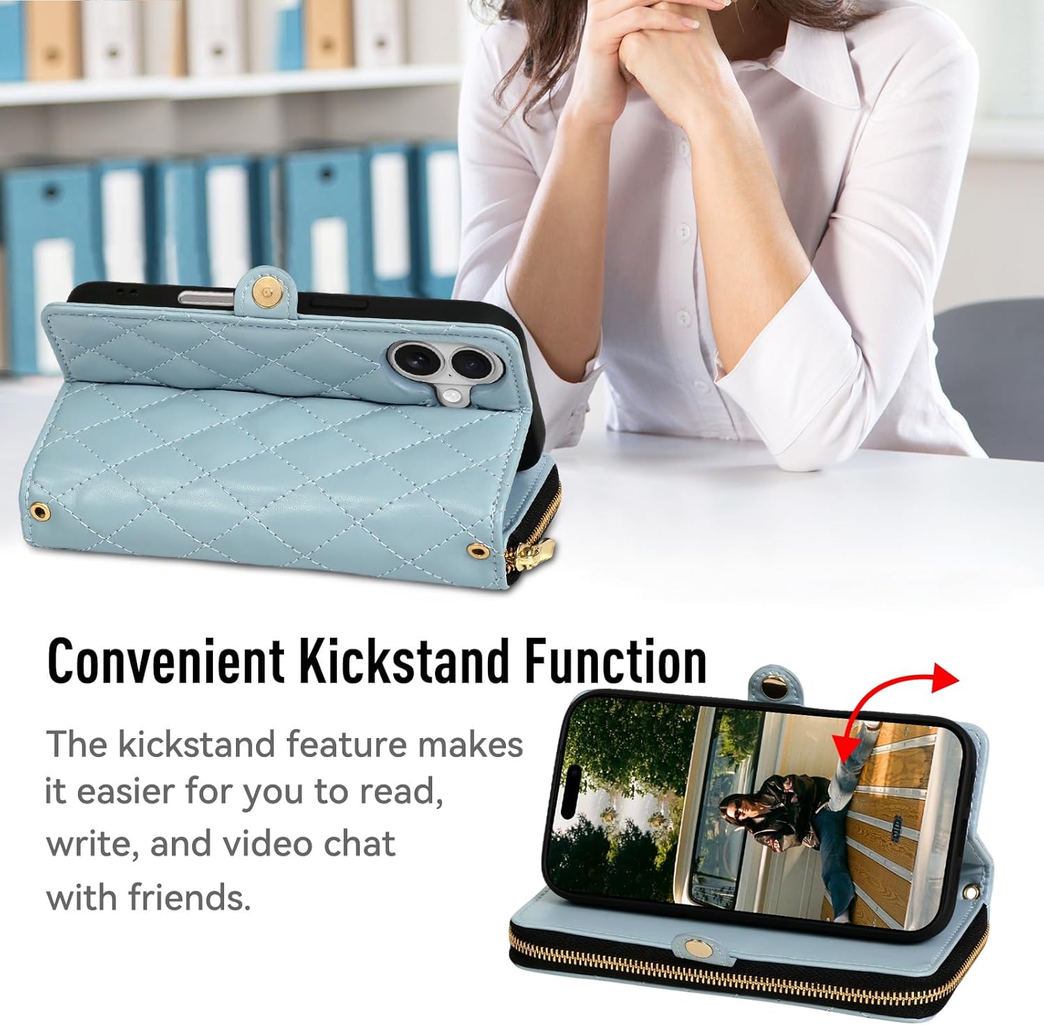 Rssviss Crossbody Case for iPhone 17 Case Wallet, RFID Blocking Leather with Card Holder Kickstand, Handbag Zipper Flip Cover with Wrist Strap for iPhone 17 Men Women 6.3", Blue - Image 6