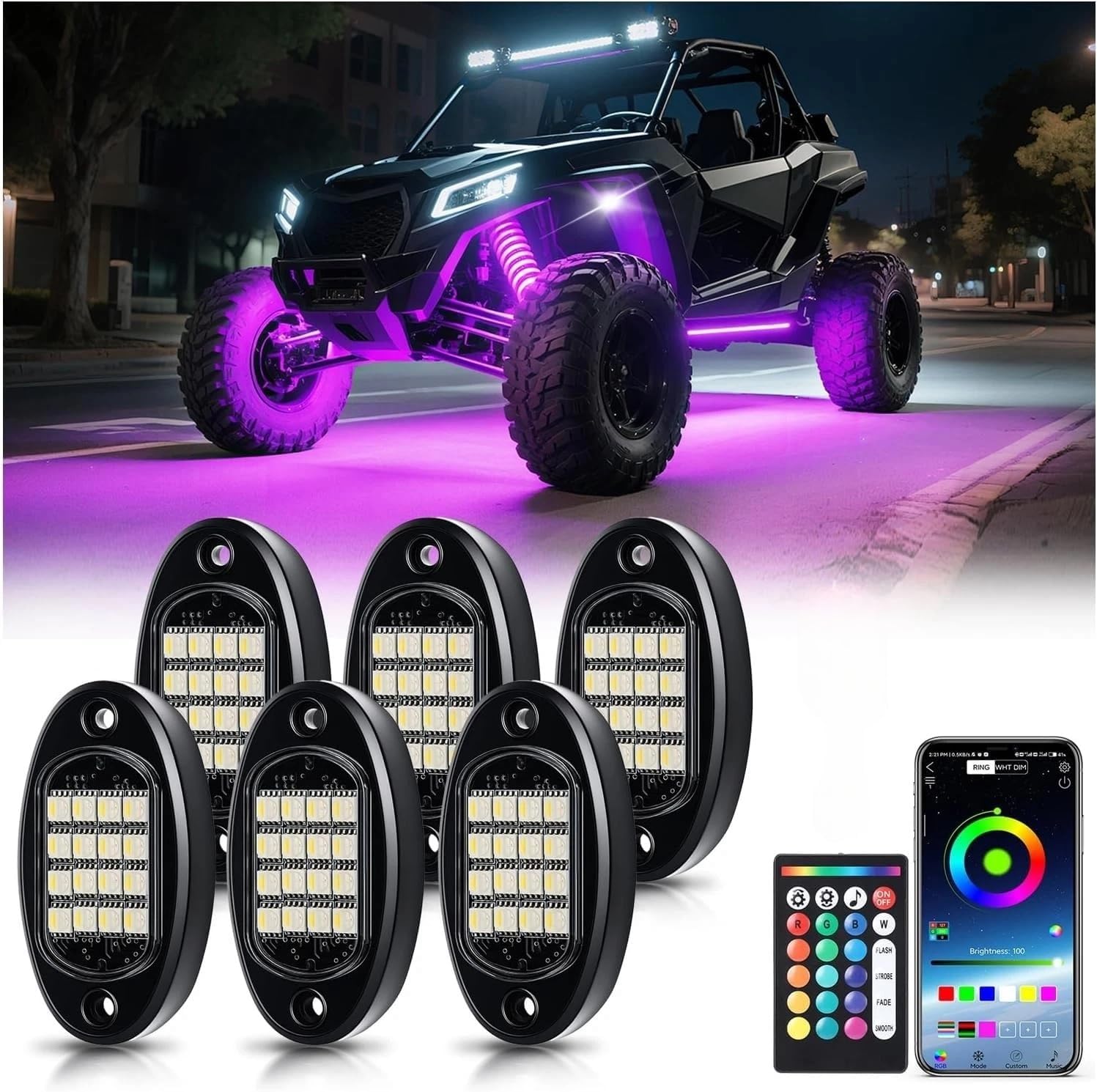 SOCAL-LED LLIGHTING RGB LED Rock Lights Kit - 6 Pods Colorful Underglow Neon Lights with App & Remote Control | IP68 Waterproof Sound Activated Music Mode Undercarriage Light for Trucks, SUV, ATV, UTV