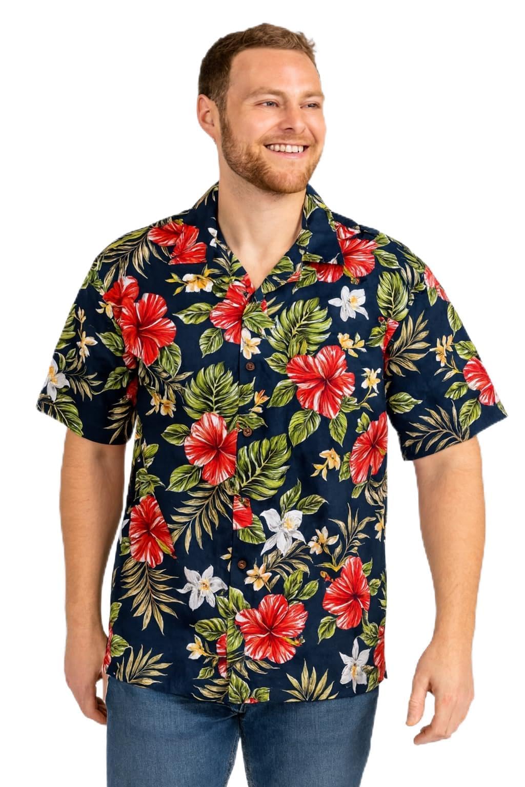 KY´s Camicia hawaiana originale in cotone con bottoni di cocco a maniche corte da uomo, tasca frontale floreale tropicale, stampa hawaiana
