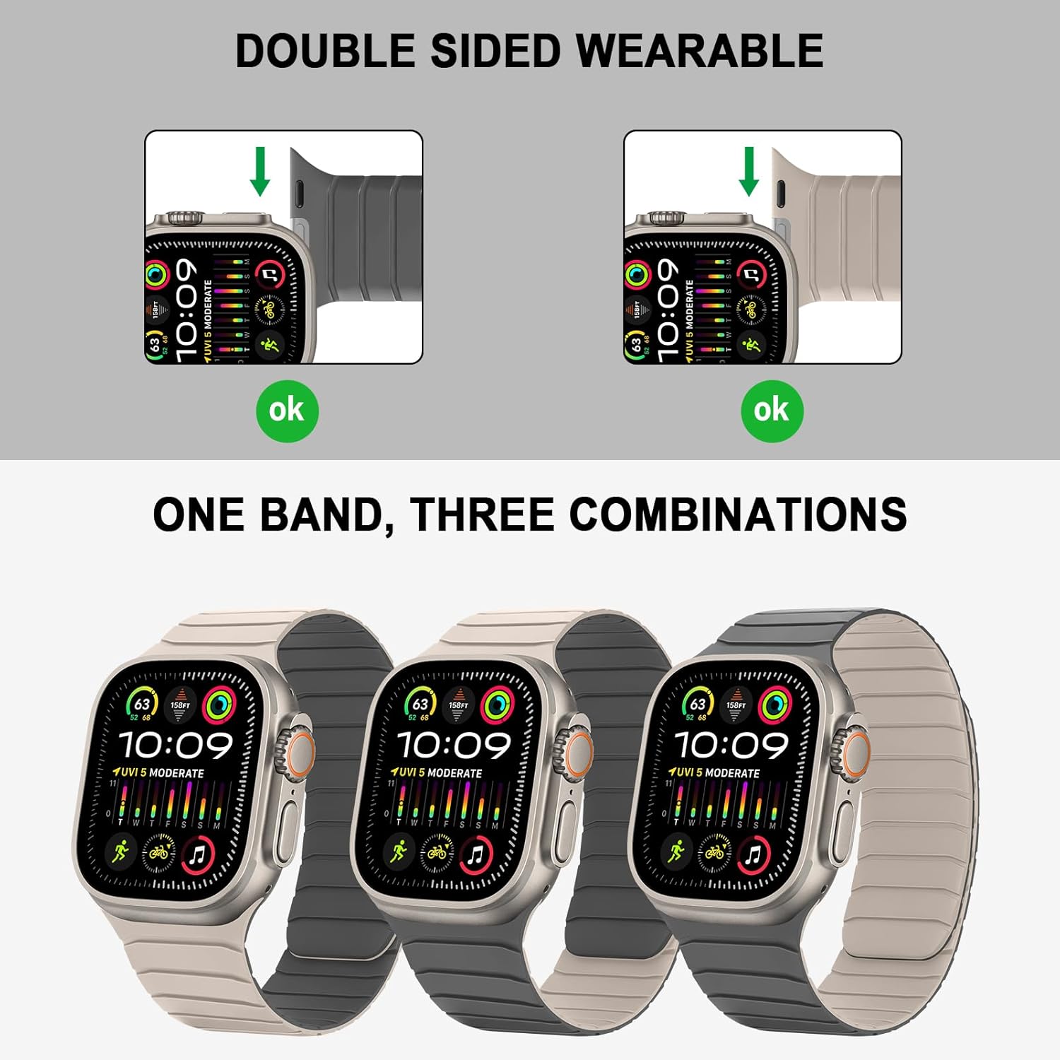 Tasikar Double Sided Wearable Magnetic Band Compatible with Apple Watch 49mm 46mm 45mm 44mm 42mm, Soft Silicone Sport Strap Loop for iWatch Ultra 3 2 1 SE Series 11 10 9 8 7 6 5 4 3 2 1, Beige Grey - Image 3