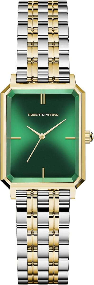 Roberto Marino RM1982 Reloj de Lujo para Mujer Rectangular Dorado - Movimiento de Cuarzo Japonés, Diseño Vintage de Acero Inoxidable, Esfera Plateada, Elegante Reloj de Vestir, Resistente al Agua 3ATM - Reloj para Mujer