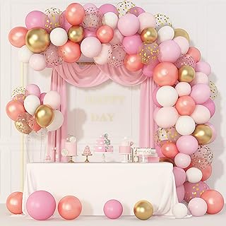Amandir 144Pcs Rose Gold Pink Balloons Garland Arch Kit Light Pink Gold White Confetti Latex Metallic Balloons for Birthday Baby Shower Wedding Party Decorations Supplies