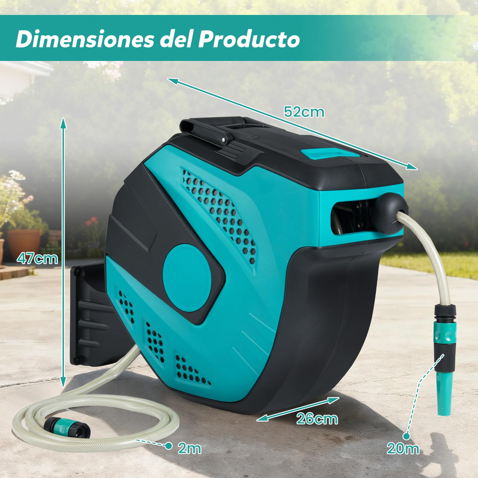 COSTWAY Enrollador Manguera Jardin 20m, Bloqueo Conector de 2m, Carrete Manguera Retráctil, Montaje en Pared, Carrete Manguera Automático, Giratorio de 180°, Jardin Garaje (20m)