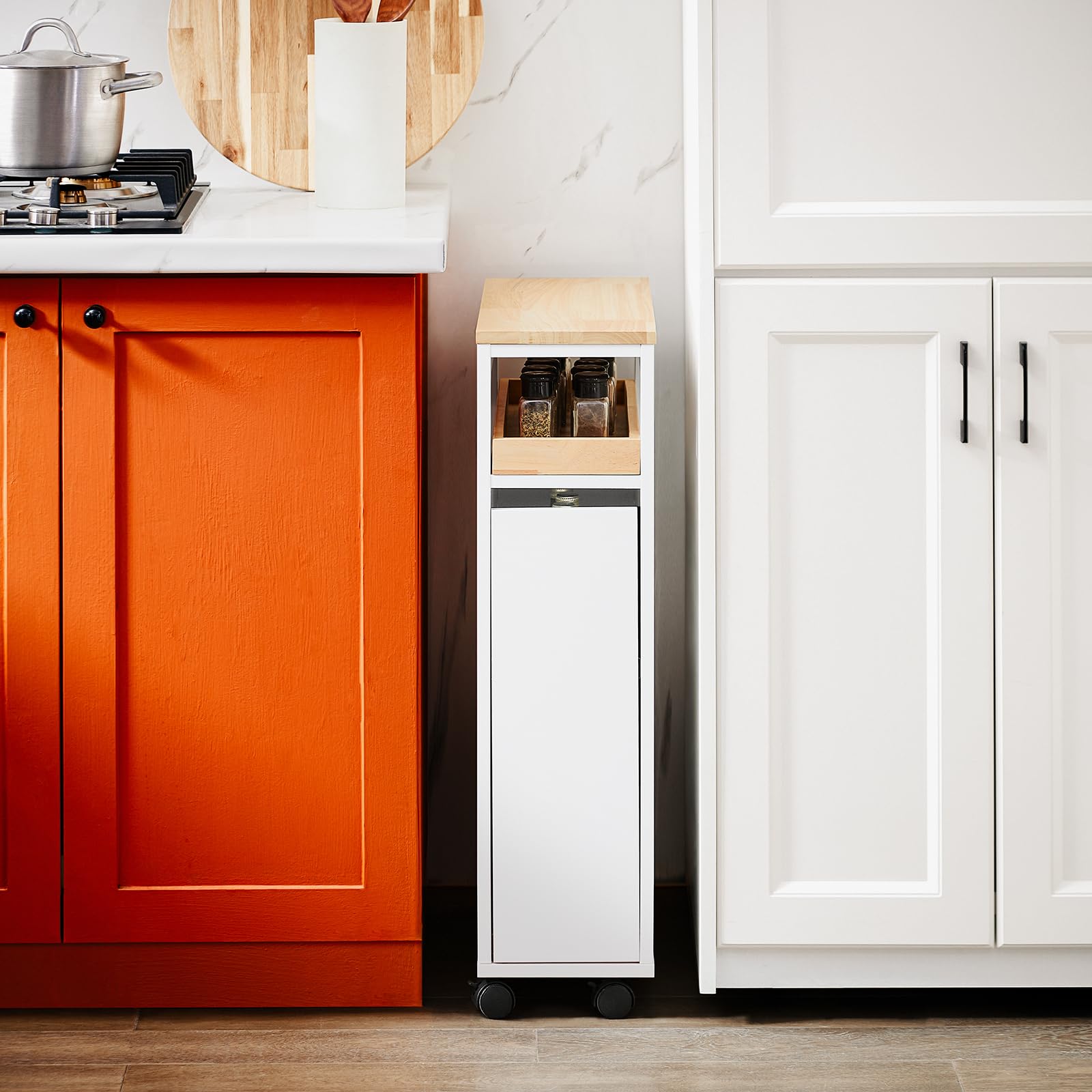 SoBuy Carrello Cucina Salvaspazio Stretto – Mobiletto da Nicchia 20 cm con Ruote, Carrellino Cucina Multifunzione e Mobiletto Salvaspazio Cucina per Cucina e Bagno Bianco & Naturale 20x51x79cmNSR11-WN