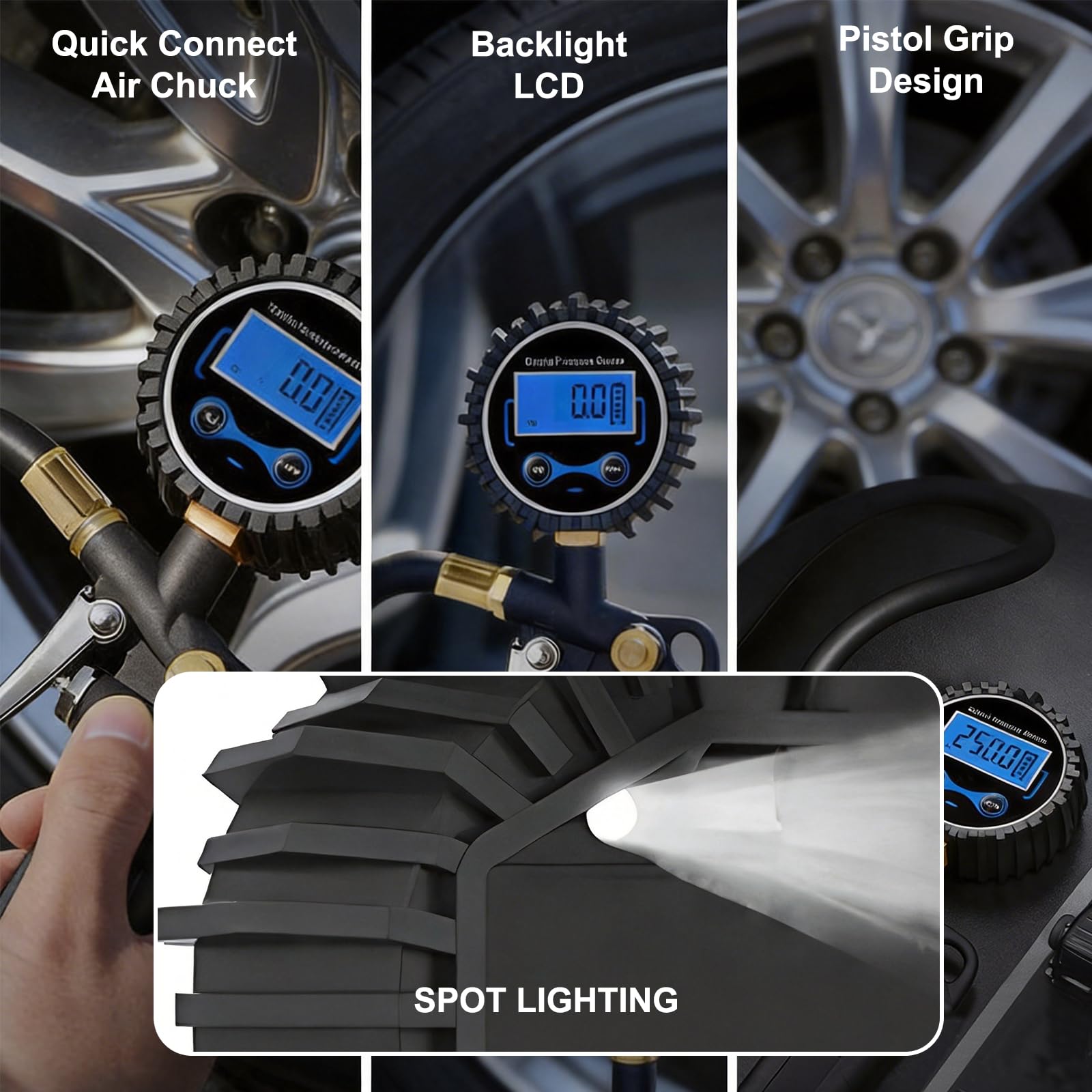 Digitaler Reifenfüller mit Manometer, 0,1 PSI hochpräziser Druckluft-Reifendruckprüfer,4 Arten der Einheitenumschaltung,Reifendruckprüfer für PKW, LKW, Motorrad, Fahrrad, Messbereich 0-250 PSI