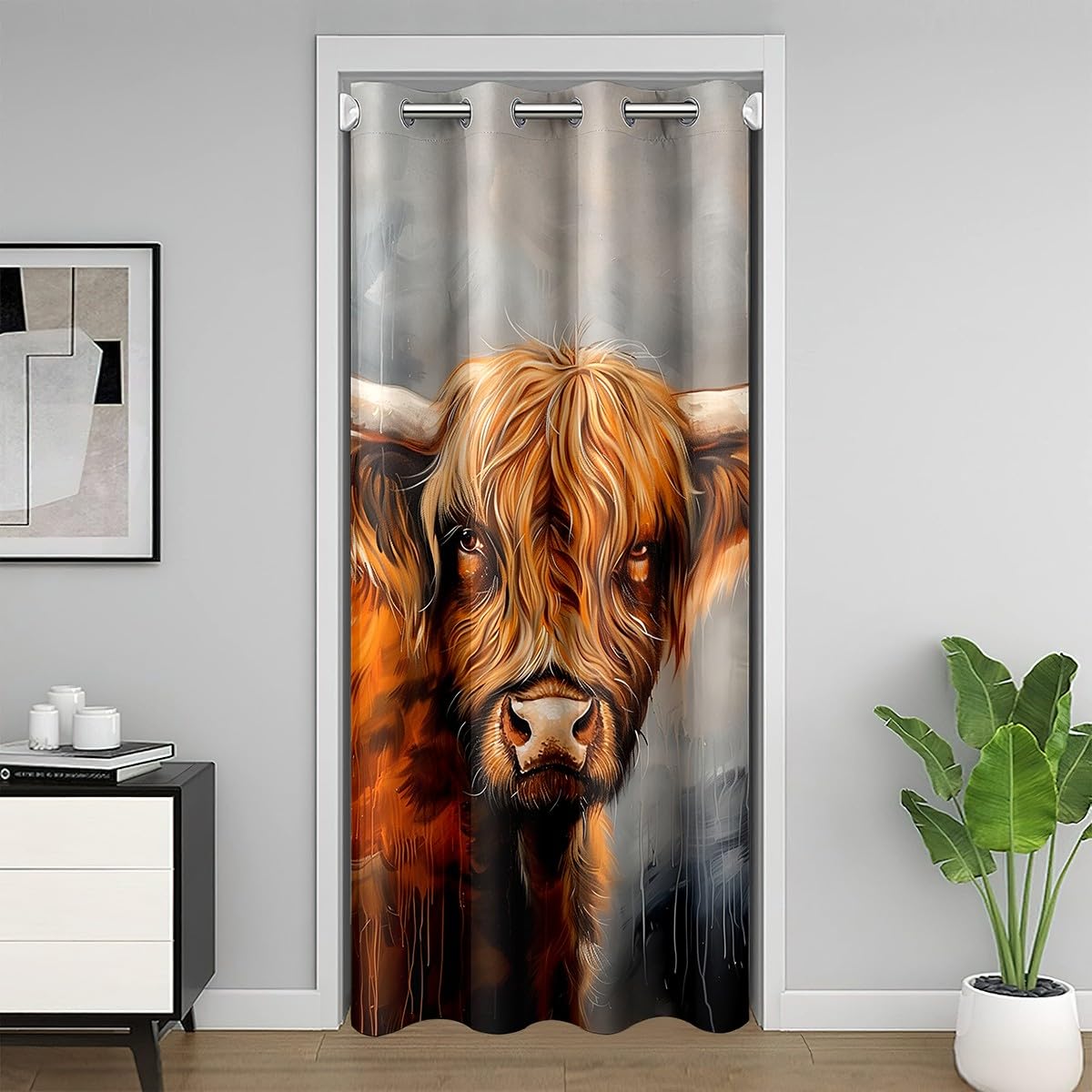 Homemissing Highland Cow Doorway Curtain Privacy 1 Panel, 132x203cm Highland Cattle Comforter Cover Set Animal Door Cover Curtain Washable Wildlife Window Treatments Room Decor Orange Grey