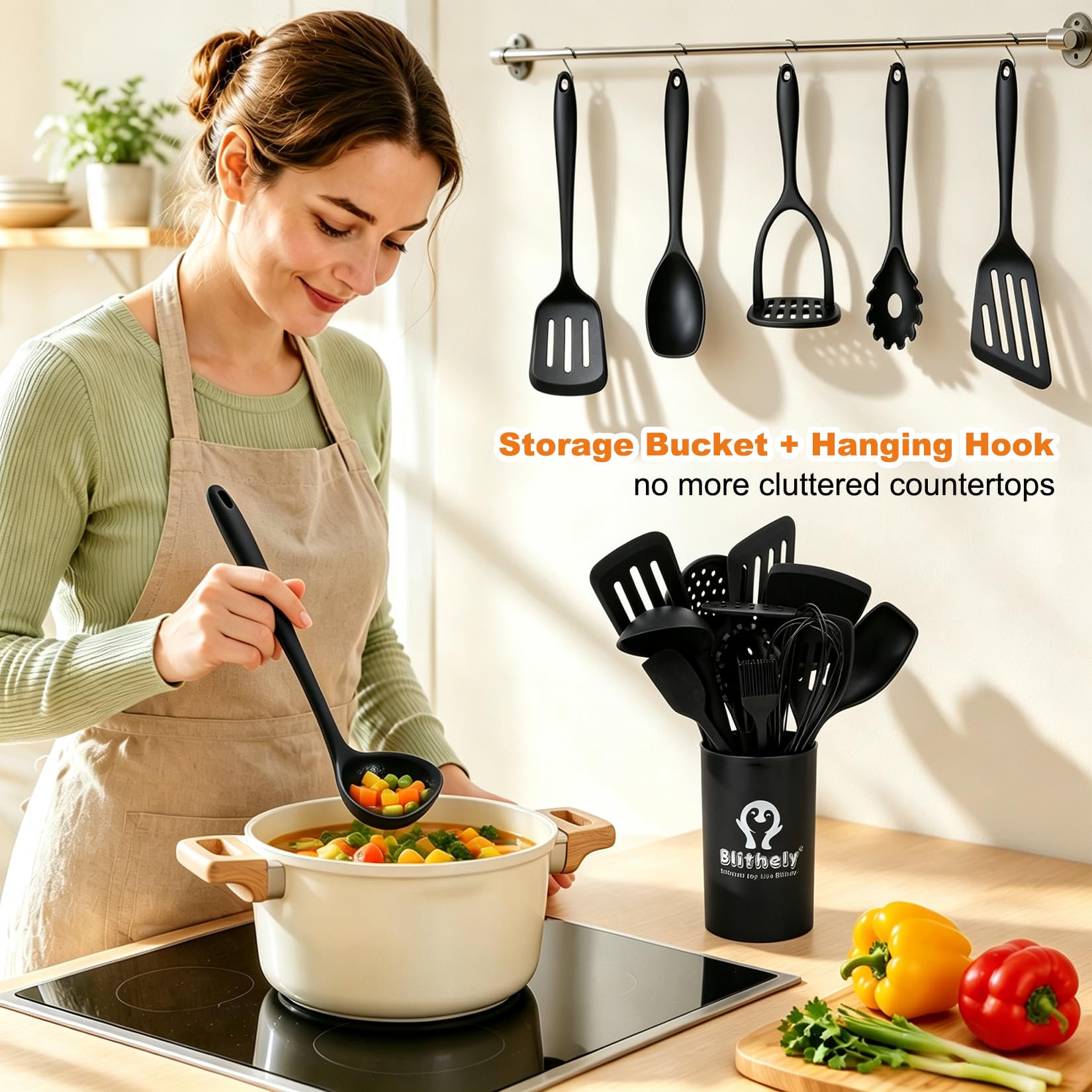 Set di 25 utensili da cucina in silicone con supporto, utensili da cucina antiaderenti, resistenti al calore, set di spatole in silicone senza BPA, con spatola, cucchiaio e mestolo