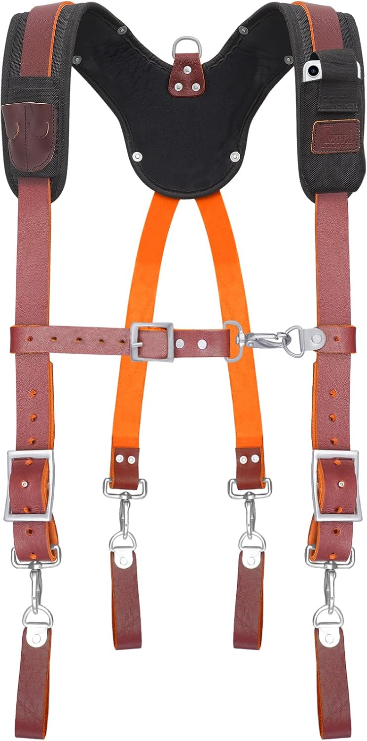 Leather Work Suspender with Cell Phone Pocket | Fully-Adjustable Padded Heavy Duty Leather Tool Belt Suspenders
