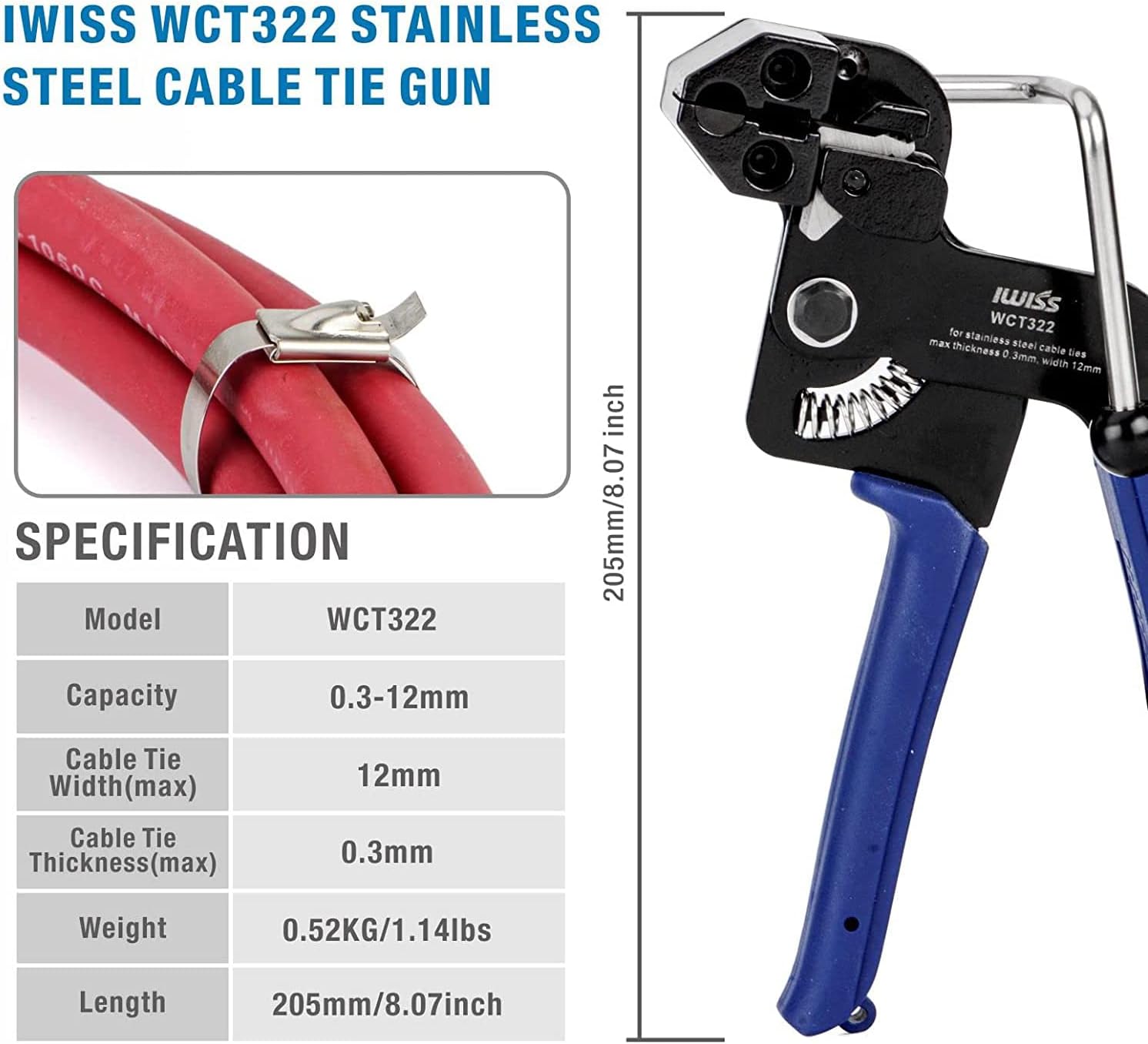 WCT322 Stainless Steel Cable Tie Gun Wrap Tool Metal Zip Tie Tightener Tensioning&Cutting Cable Tie Gun c/w Zip Tie Release Tool
