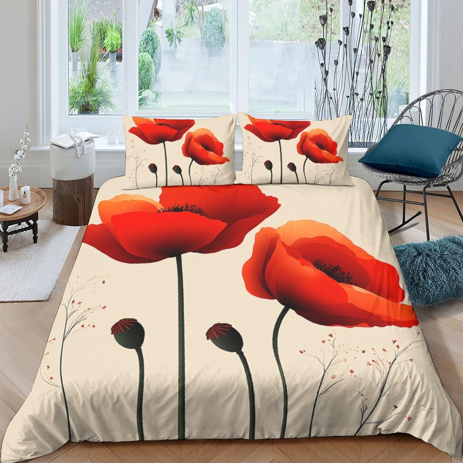 Ctjqhvkz Style-4 3D Printed Red Poppy Fitted Sheet Microfiber Soft Floral Art Mattress Cover For Bedroom Guestroom Dorm Decor Single（135X200cm）
