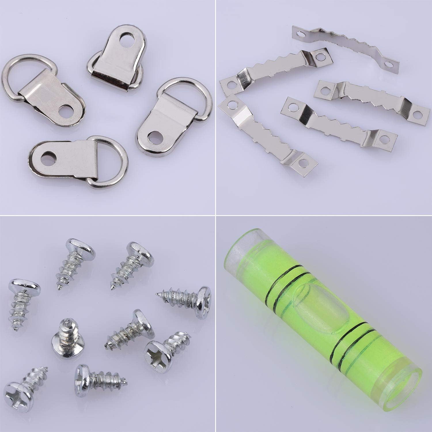 252 D Ring Picture Frame Hanger and Sawtooth Photo Hanging Hardware Set with Screws and Spirit Level Silver - - 
