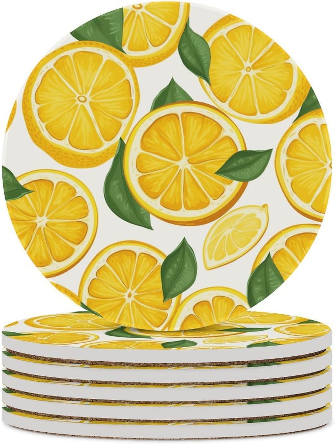 Lemon Fruit Pattern Coasters for Drinks Absorbing Round Ceramic Stone Coaster with Cork Base Coffee Cup Beverage Table Cup Mat Modern Style Bar Coaster Set for Home Decor