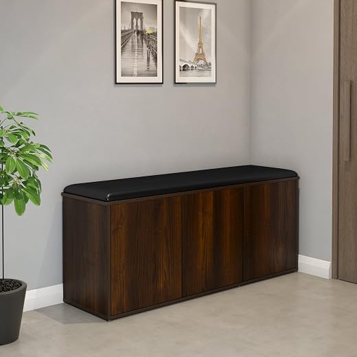 Nilkamal Metro 3 Door Engineered Wood Shoe Rack with Cushioned Seat and 3 Shelves | Walnut | Store up to 18 to 21 Shoes
