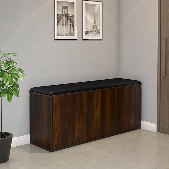 Nilkamal Metro 3 Door Engineered Wood Shoe Rack with Cushioned Seat and 3 Shelves | Walnut | Store up to 18 to 21 Shoes