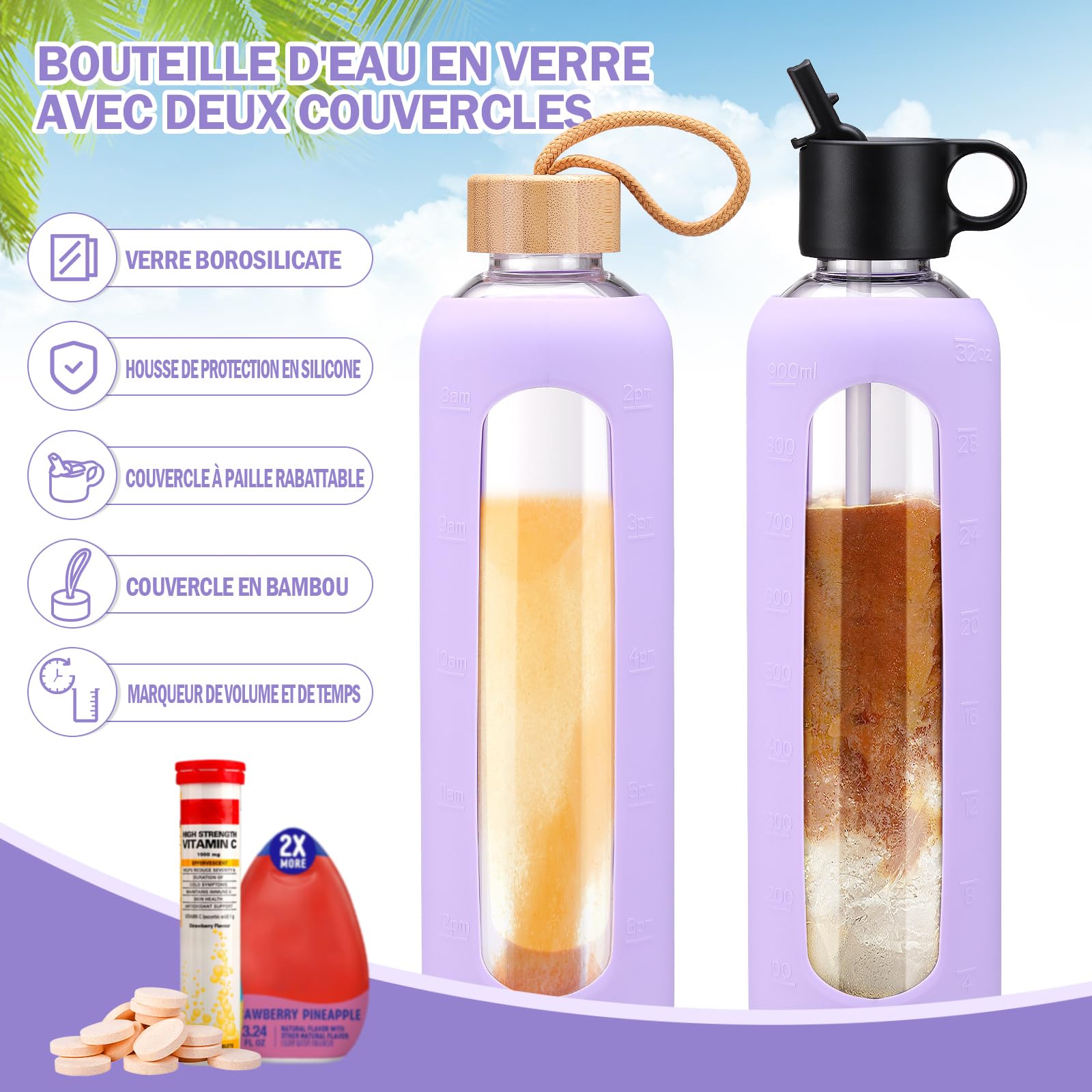 HYDRAGLAZIC Drinkfles van glas met 2 deksels, rietjesdeksel