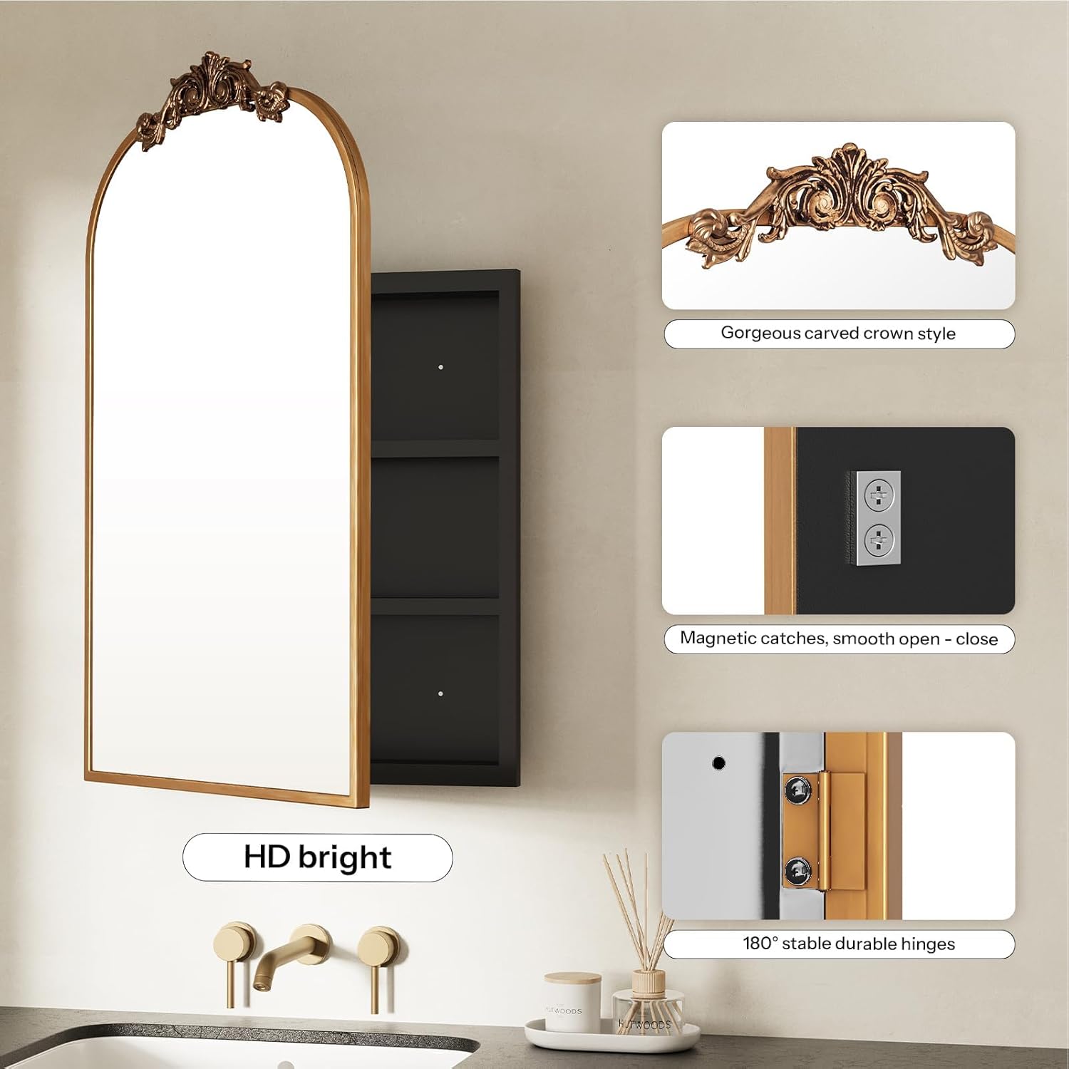 24x35 Inch Bathroom Medicine Cabinet with Mirror, Recessed or Surface Mount, Sturdy, Durable & Easy Installation, Vintage Metal Frame(Gold)