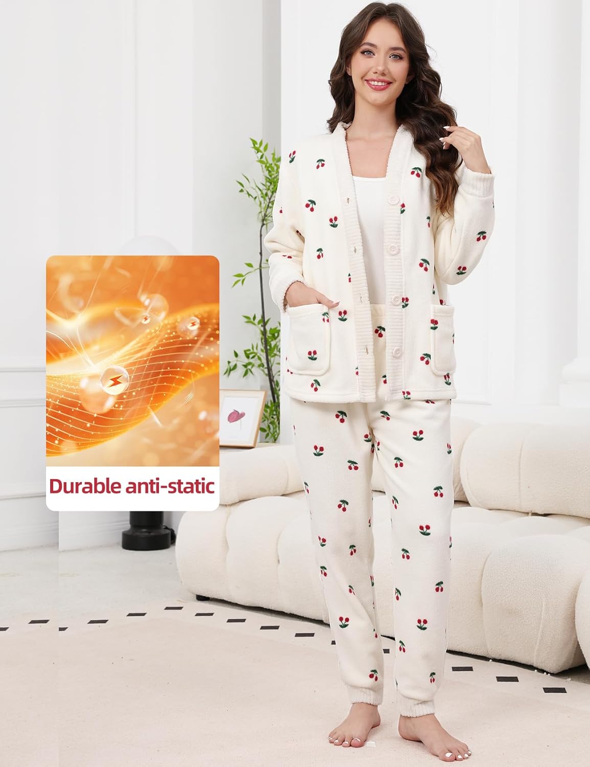 Gihuo Fleece Pajamas for Women Set Fuzzy Warm 2 Piece Winter Sleepwear Soft Cozy Pjs with Pockets - Image 3