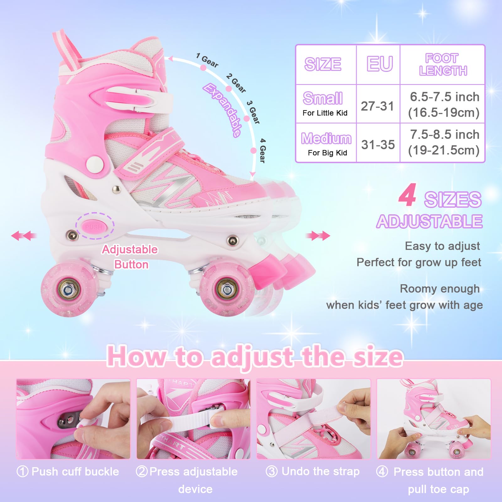 Enfants Patins à roulettes pour Les Filles Enfant débutant, 4 Tailles réglables Patins à roulettes avec la lumière à Roues pour Les Petits Enfants Enfants