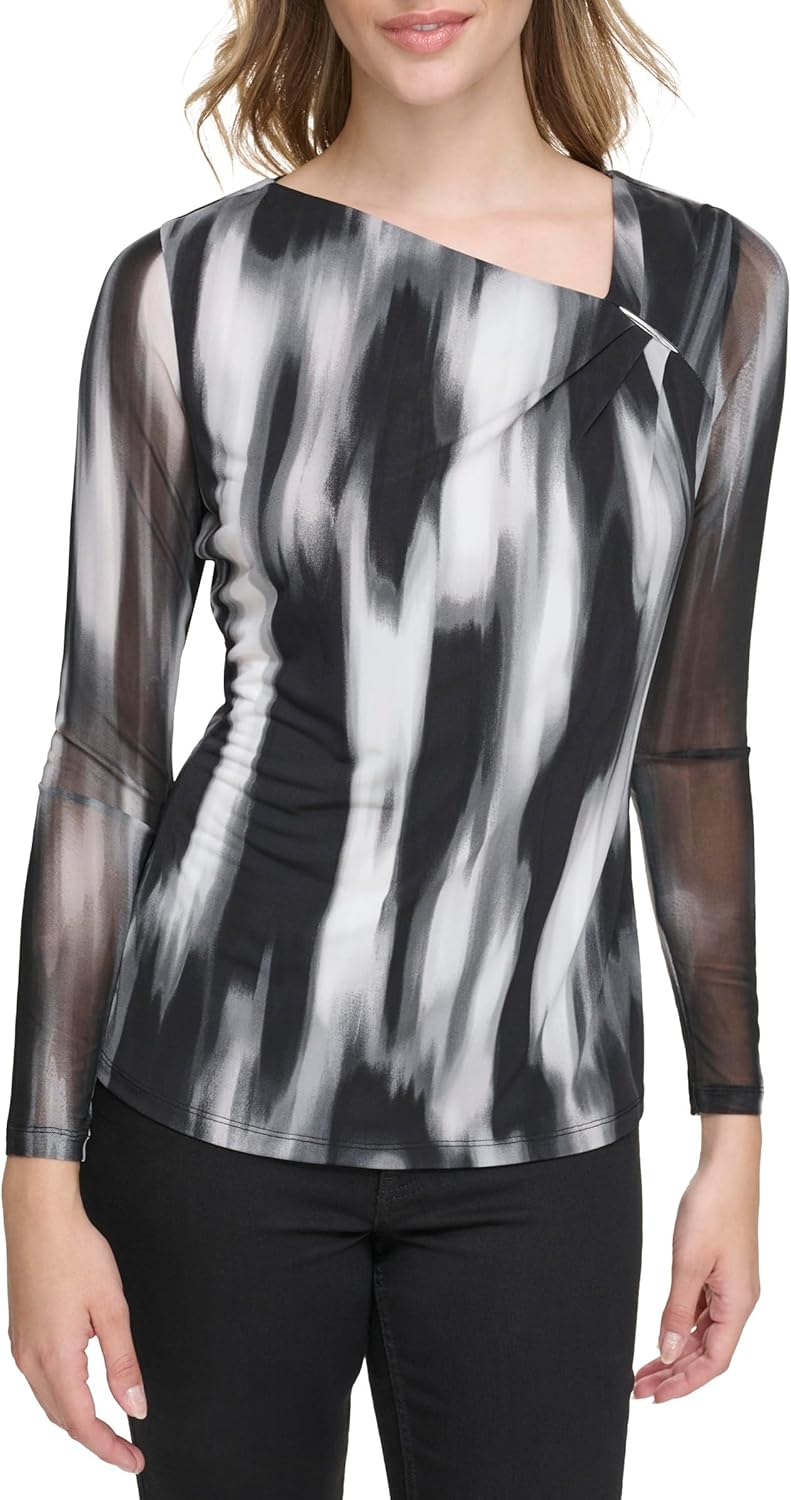 Calvin Klein Women's Knit Long Sleeve Printed Blouse