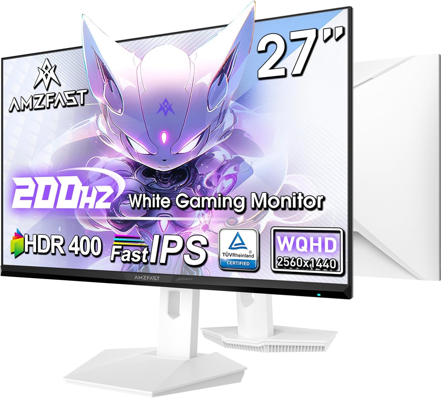 Amzfast 27 inch 1440P 200Hz/180Hz White Gaming Monitor, WQHD (2560 1440),MPRT 1ms Fast IPS | HDR400 & TUV Rheinland Eye Care & Multiple Game Assistant & Two Year Warranty Exchange(HDMI & DP Cable)