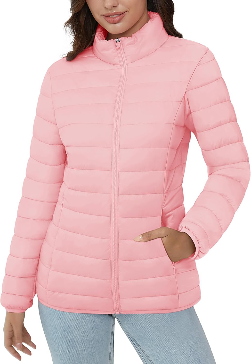 MAGCOMSEN Women's Puffer Jacket Lightweight Quilted Padded 4 Pockets Zip-up Stand-collar Winter Fleece Coat