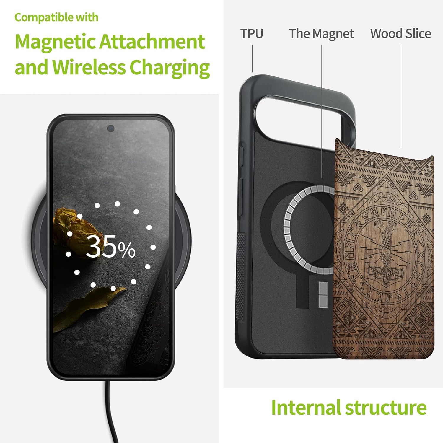 Carveit Magnetic Wooden Case for Google Pixel 10 / Pixel 10 Pro Case, Wood Artisan Engraved & Soft TPU Shockproof Cover, Compatible with MagSafe Wireless Chargers (Norse Resonance - Mjollnir) Walnut