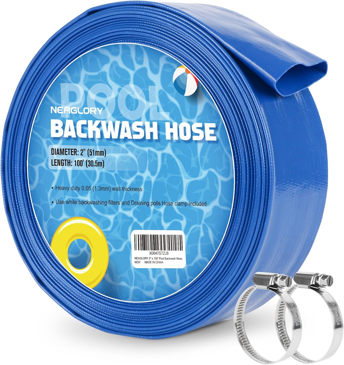 NEAGLORY 2" x 100 FT Pool Backwash Hose, Heavy Duty Flat Discharge Hose, Reinforced Discharge Hose with Clamp, Weather and Burst Resistant, Drain Clean Swimming Pools and Filters for Inground Pools
