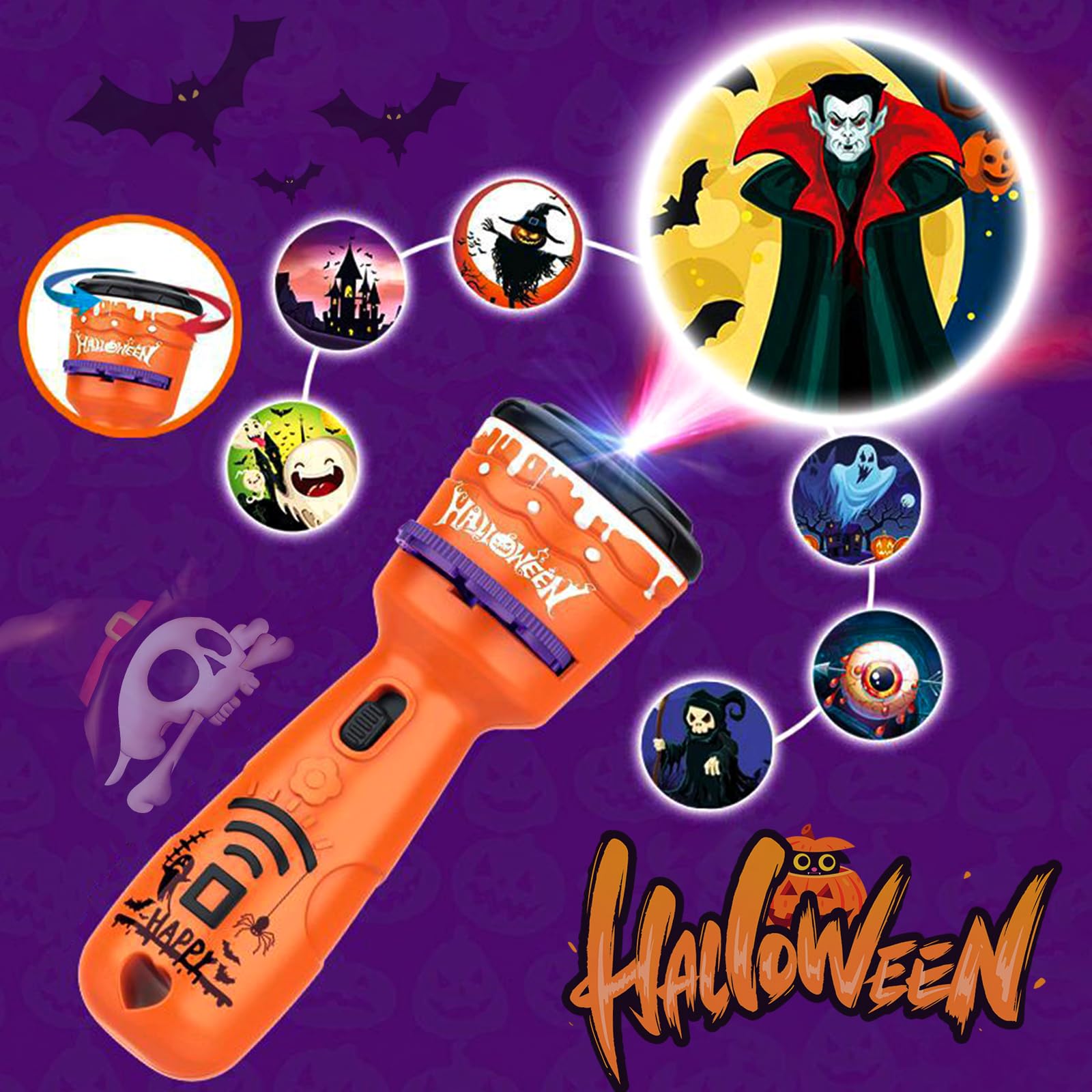 Torcia Proiettore Per Halloween Per Bambini - Con 24 Immagini, 3 Dischi, Giocattolo Proiezione Arancione