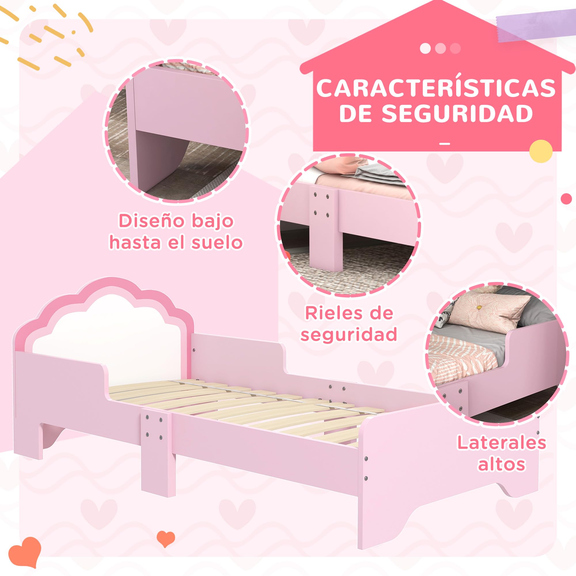 ZONEKIZ Cama Infantil 70x140 cm, Cama para Niños con Barrera Anticaídas y Somier, Cabecero en Forma de Nube, Rosa