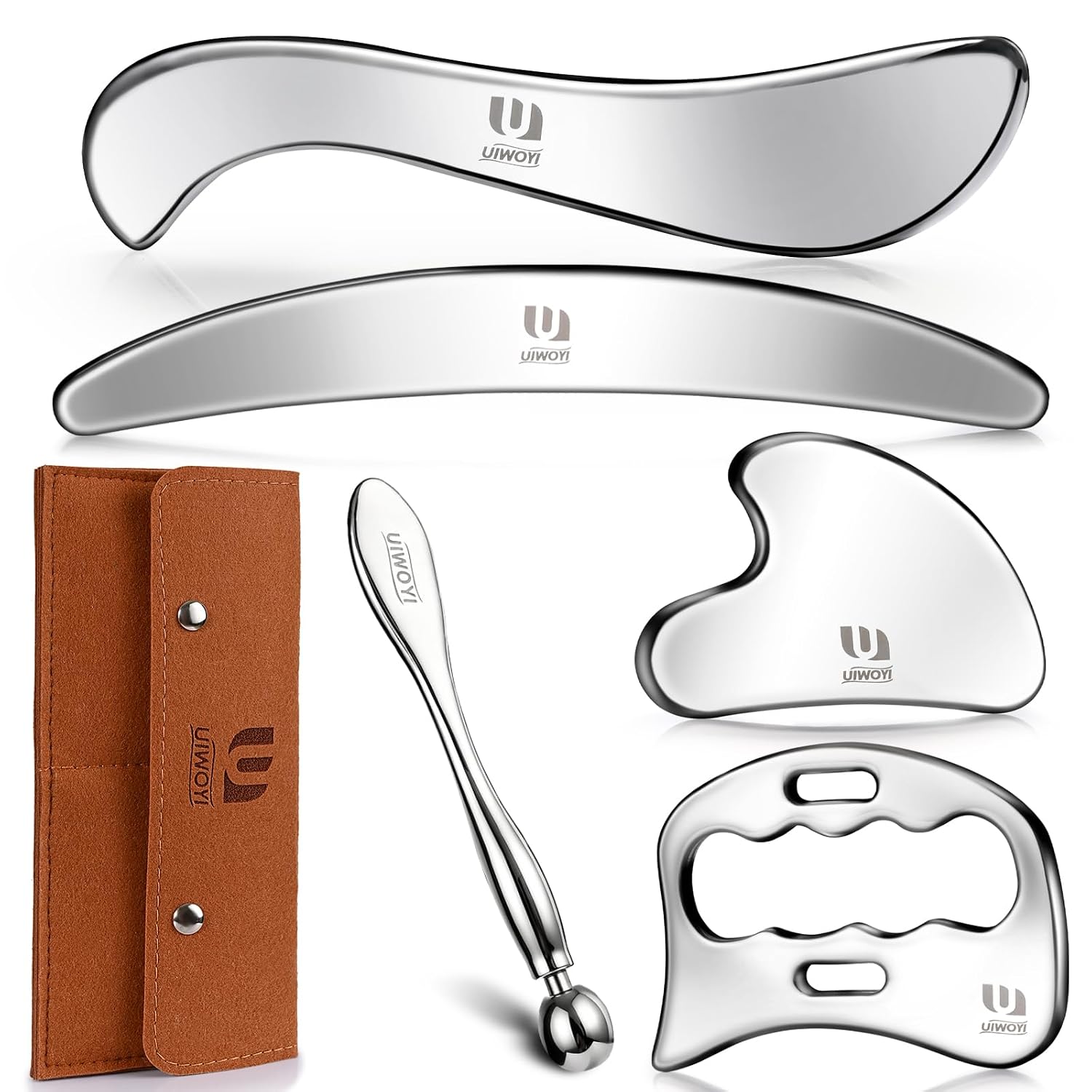 5 in 1 304 Stainless Steel Gua Sha Tools Set, Premium Facial & Full Body Scraping Massage Kit | with Zinc Alloy Eye Massage Roller and Storage Pouch for Home Gym Daily Self Care