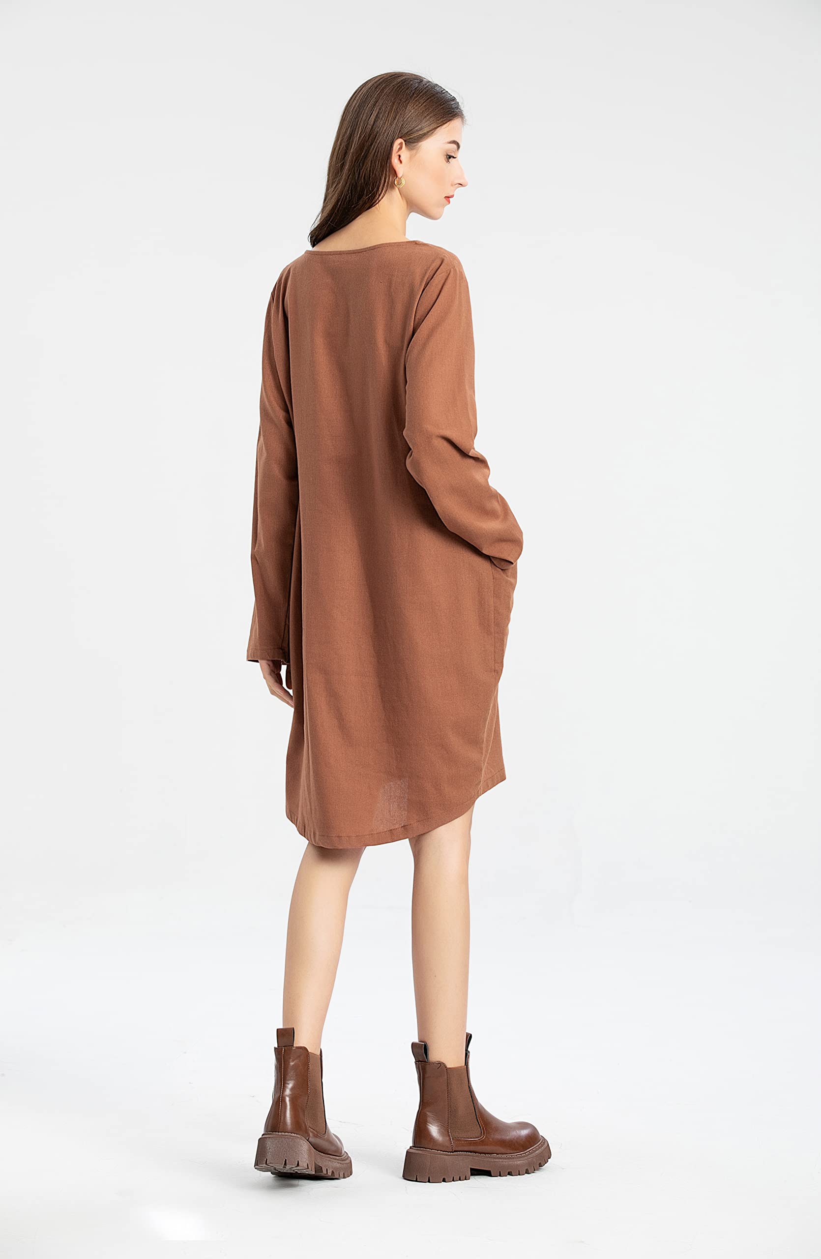 FTCayanz Damen T-Shirt Tunika Kleid Langes Leinenkleider Elegant Langarm Blusenkleid Mini Kleider