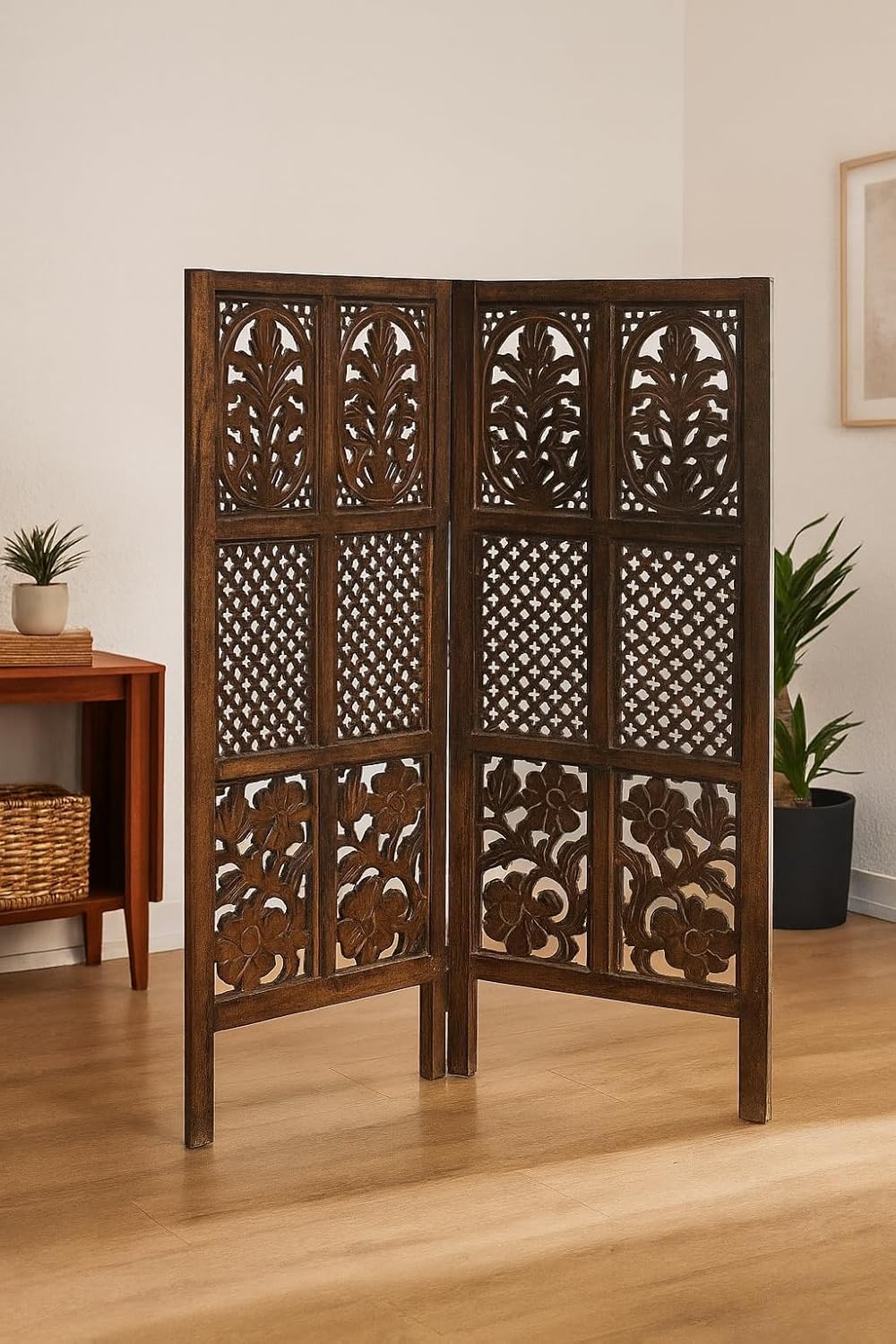 Wooden Room Divider Partition - Foldable Screen Privacy Separator for Living Room, Bedroom, Office, Studio Area - Mixed Design, Brown 4 Feet (2 Panel)-picture-29
