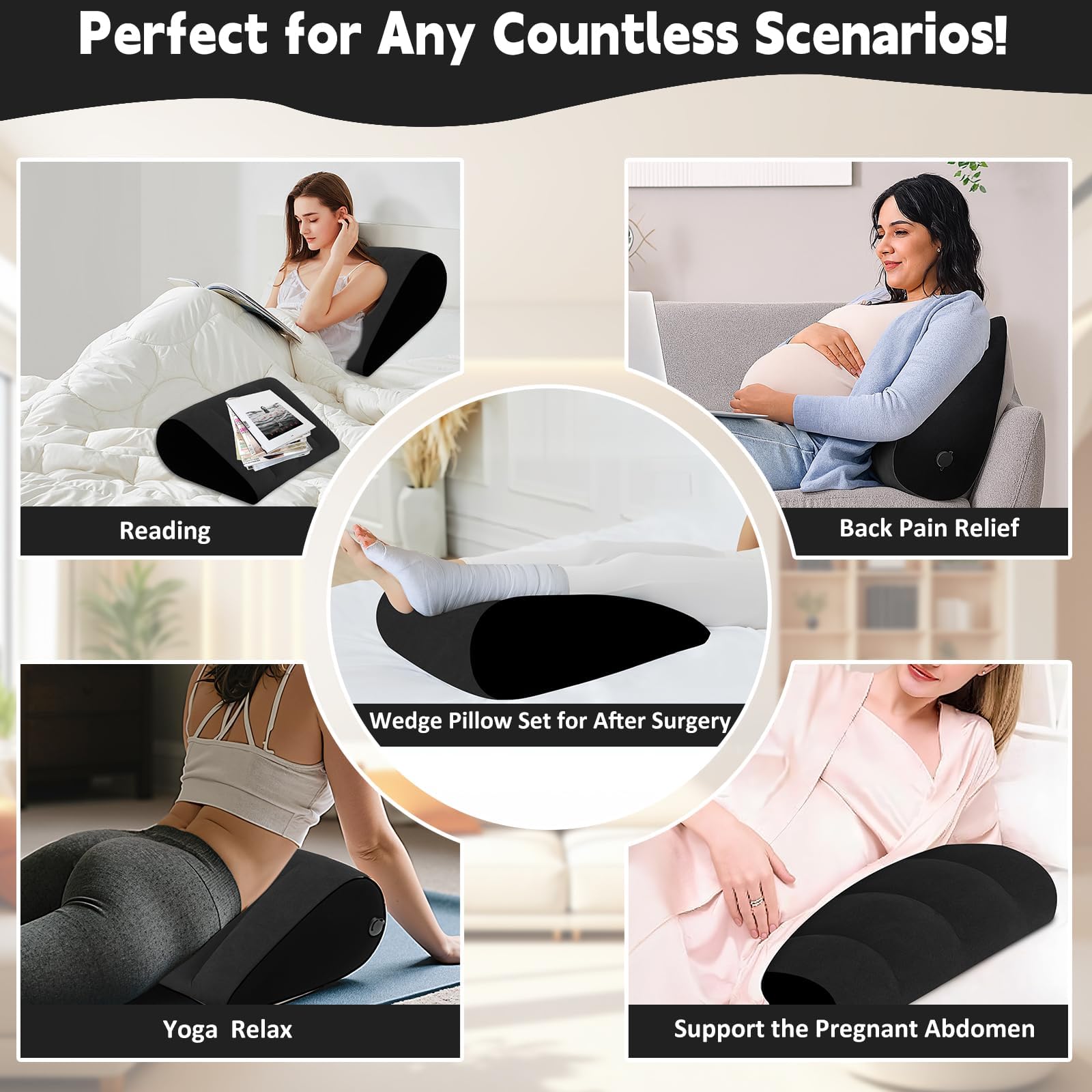 Cojín Cuña Hinchable Ajustable - Almohada Inflable Antireflujo para Adultos, Soporte para Piernas al Dormir, Portátil para Cama, Hogar, Viajes y Senderismo, Desinflado Rápido (Negro)