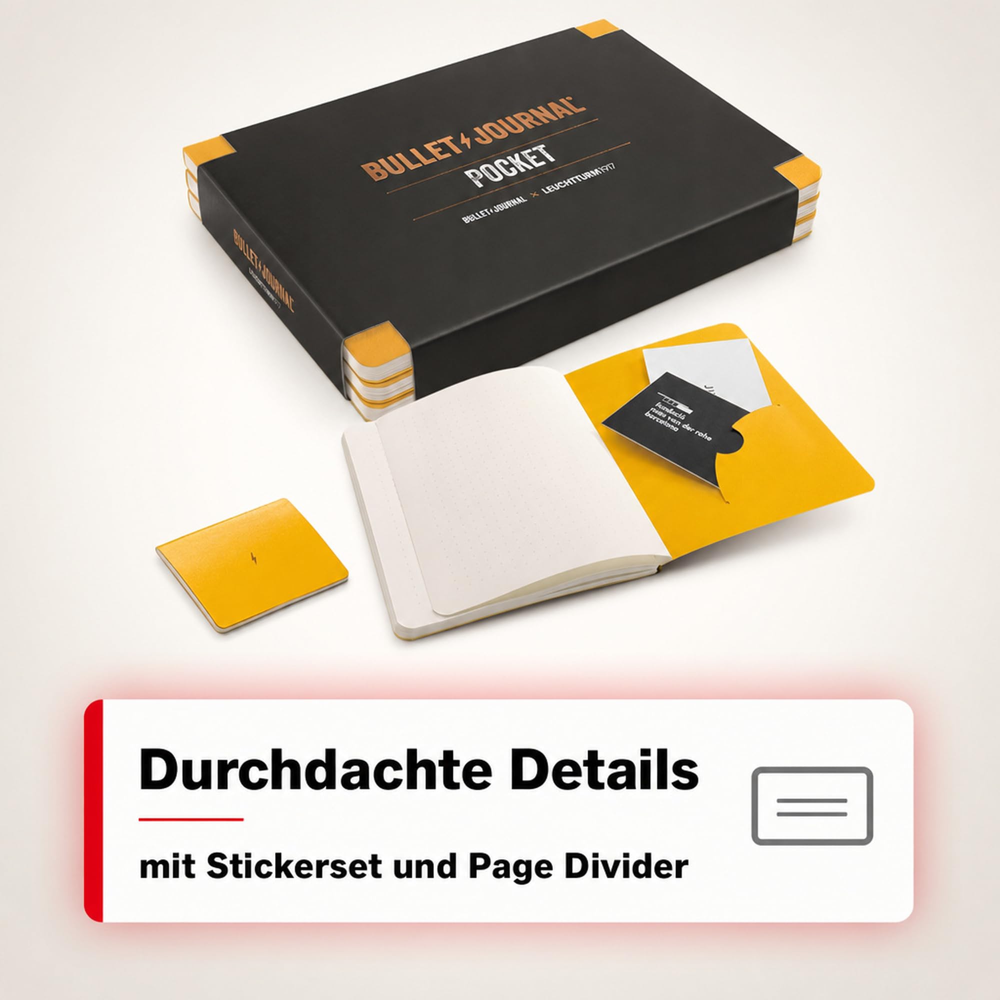 LEUCHTTURM1917 371629 Bullet Journal Pocket, 14,3x10,3 cm, 46 double pages numérotées, Pointillé, Yellow24, set de 3