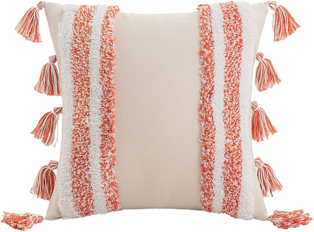 vctops Geometric Embroidery Tufted Lumbar Throw Pillow Covers 12x20 Inch Farmhouse Cotton Canvas Woven Tufted Tassel Cushion Covers Home Decor (Blue,12"x20")