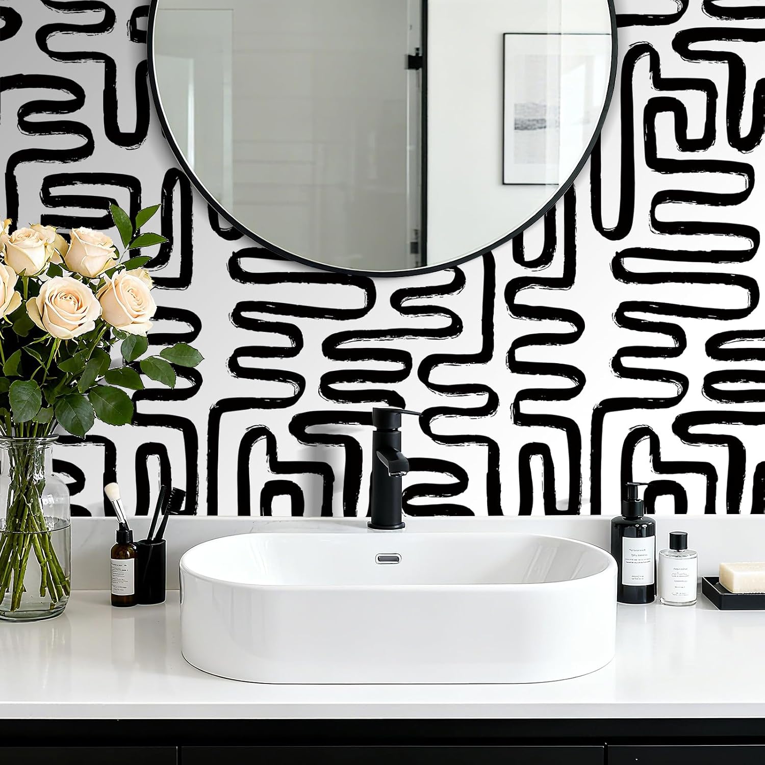 Livelynine 17.5x276 Modern Black and White Peel and Stick Wallpaper Minimalist Abstract Black Lines Graffiti Vinyl Geometric Bathroom Wallpaper Waterproof Renter Friendly Contact Paper for Walls RV