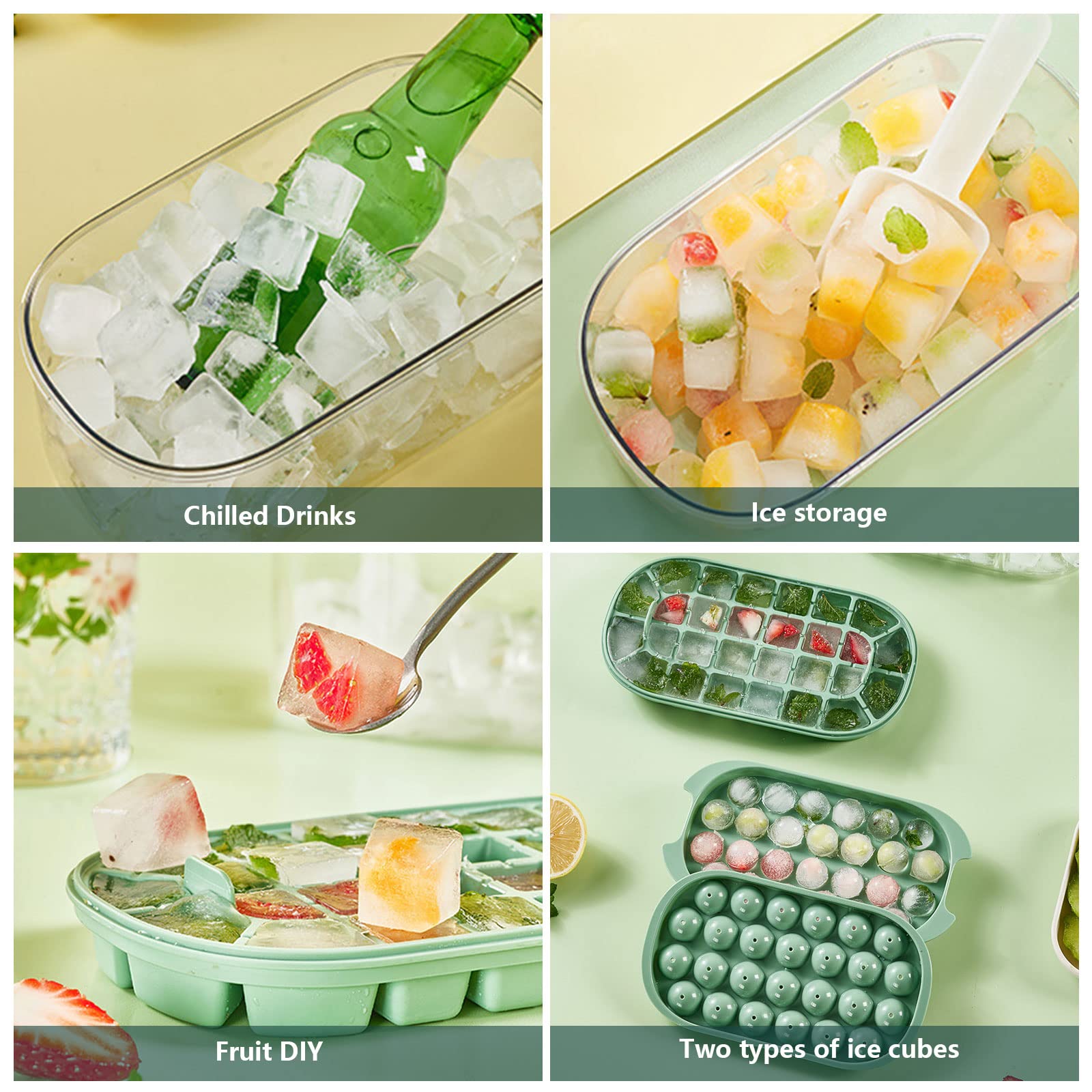 Cubiteras para Hielo de Silicona con tapa y recipiente, Moldes redondos y cuadrados de 54 piezas + pala - Perfectos para Bebidas y Congelador