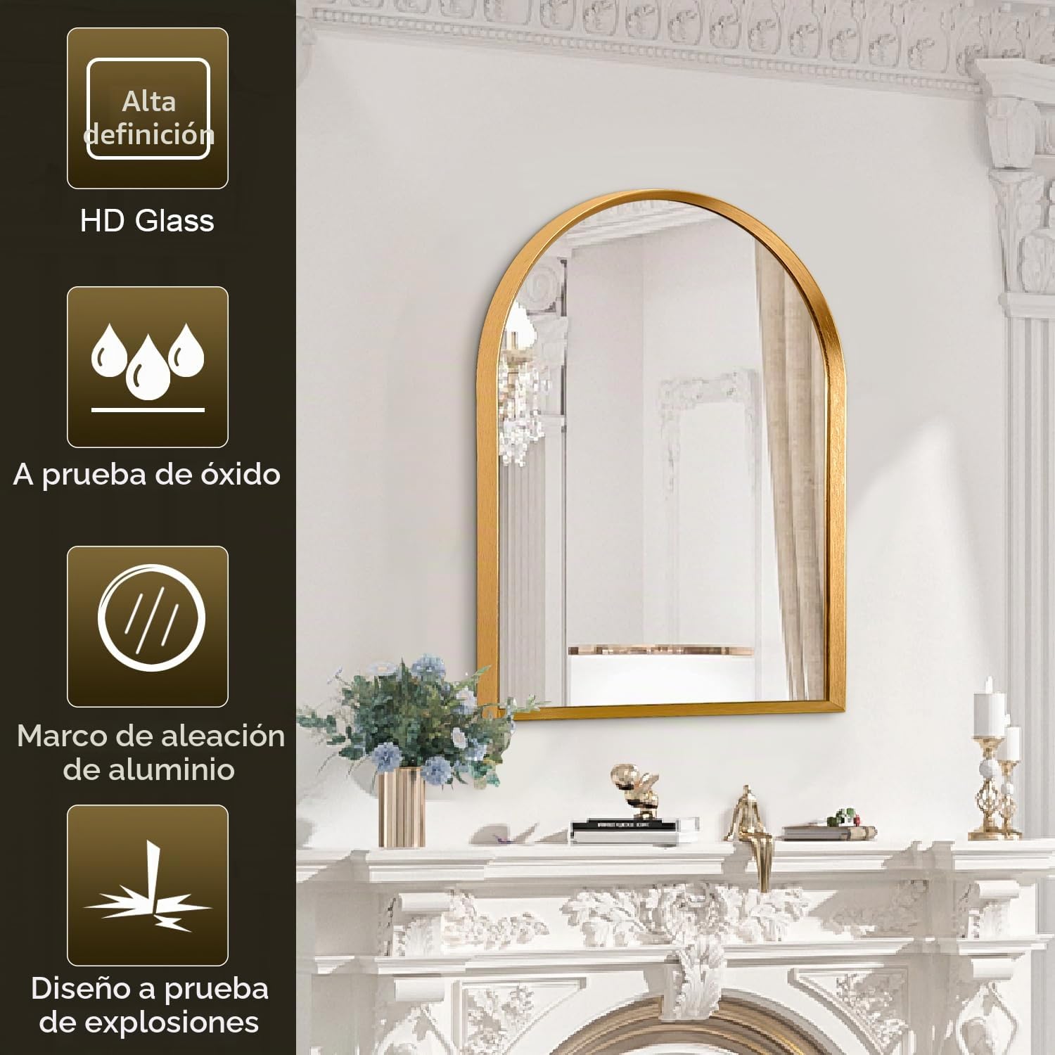 Espejo de pared (40 x 50 cm), color dorado, gran espejo de maquillaje con marco de aleación de aluminio, ideal para entrada, dormitorio, sala de estar, cuarto de baño