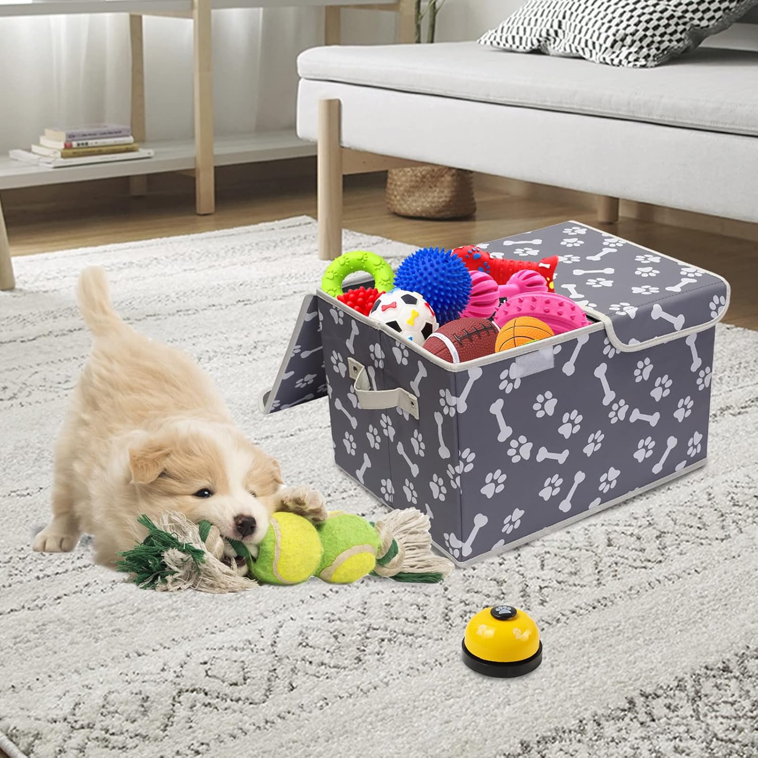 Pet Toy Storage Box with Lid Basket Organizer - Perfect Collapsible Bin for Living room, Playroom, Closet, Home Organization - Bone Paw