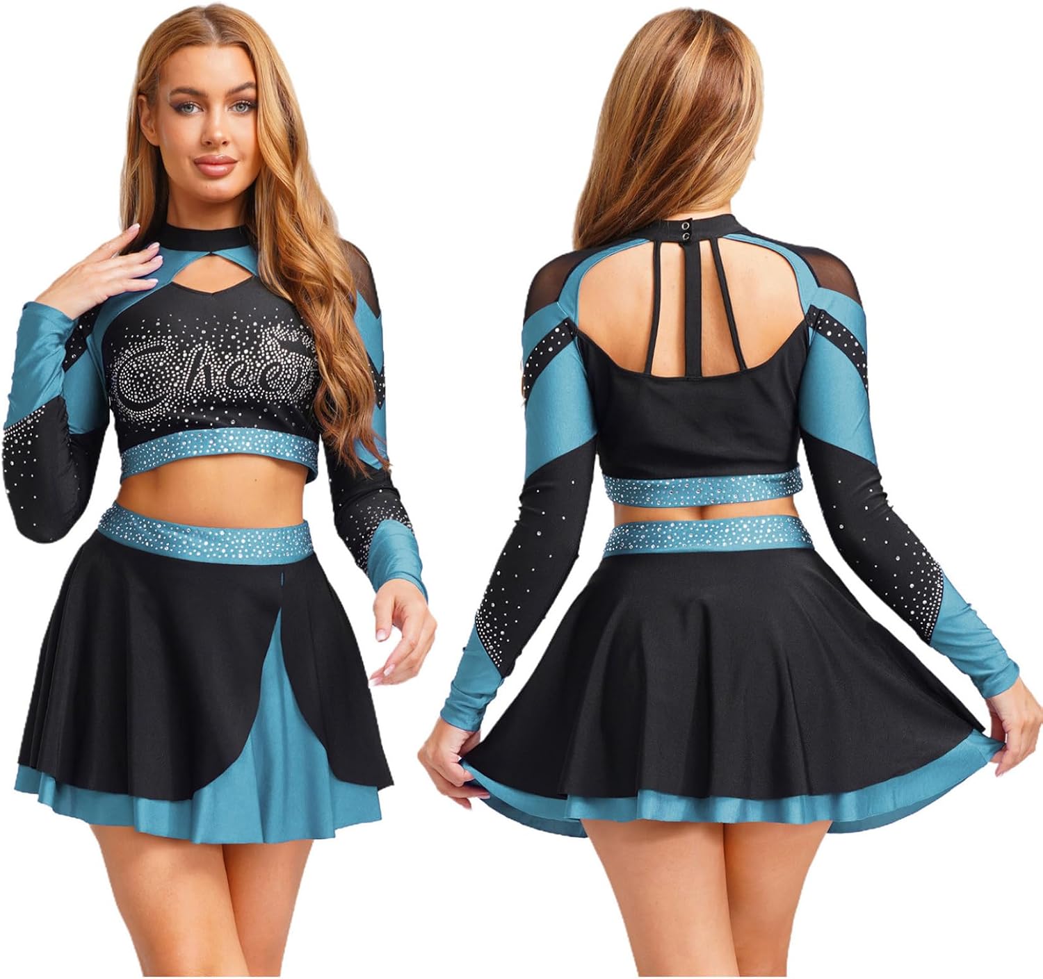 Women Metallic Shiny Color Block Cheerleading Uniform Hollow Out Crop Top And Skating Skirt Set Sky Blue XX-Large