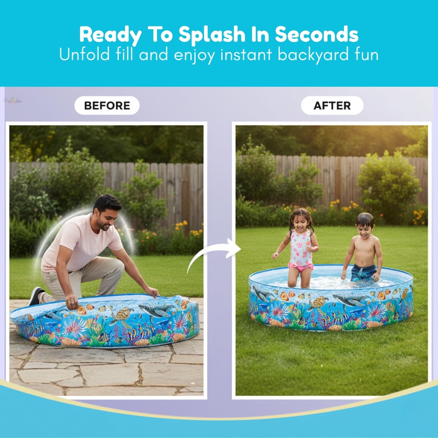 Toy Imagine 4 Feet Non-Inflatable Kids Swimming Pool | Foldable Plastic Bath Tub for Kids 1β5 Years | No Air Pump Required | Portable Water Play Pool for Home Garden & Outdoor Use Holi & Summer 3