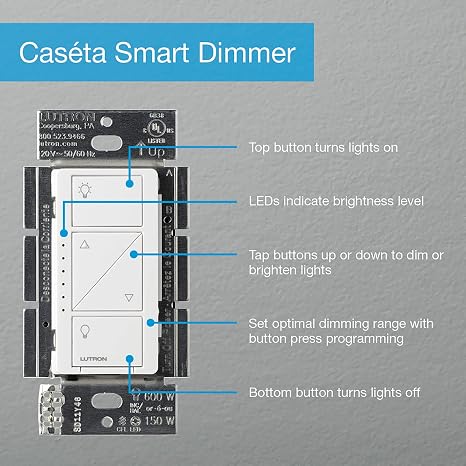 Lutron Caseta Original Smart Dimmer Switch, LED Dimmer Switch, 150W, Single-Pole/3-Way, No Neutral Required, Works with Alexa, Apple Home, Ring, Google Home, PD-6WCL-WH, White