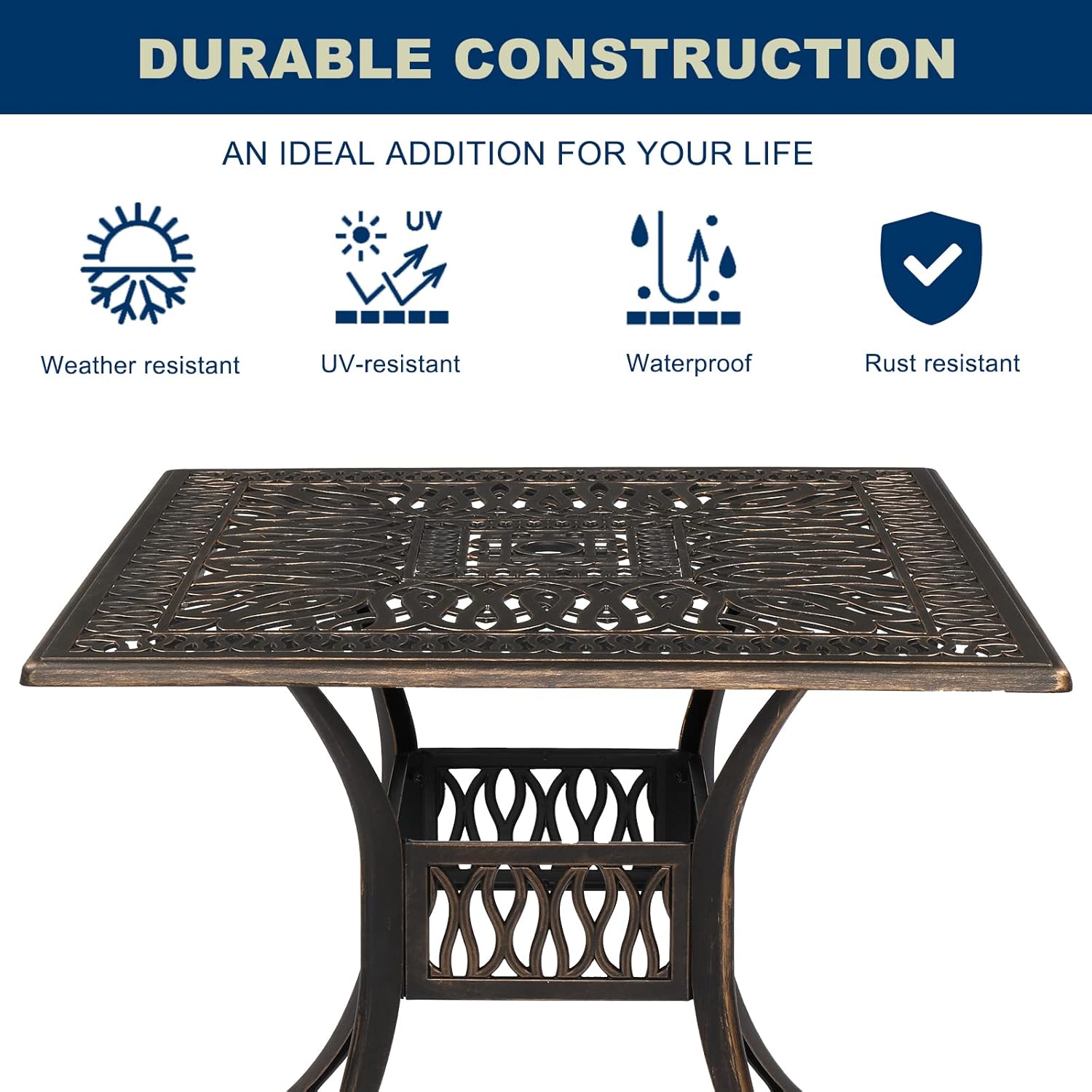 Outdoor Patio Table, Square Dining Table, Cast Aluminum Bistro Table, with an Umbrella Hole, 35.4 Bronze Furniture, Load Bearing 220.46lbs, for Outdoor Backyard Lawn Balcony Pool, Garden Dining Table