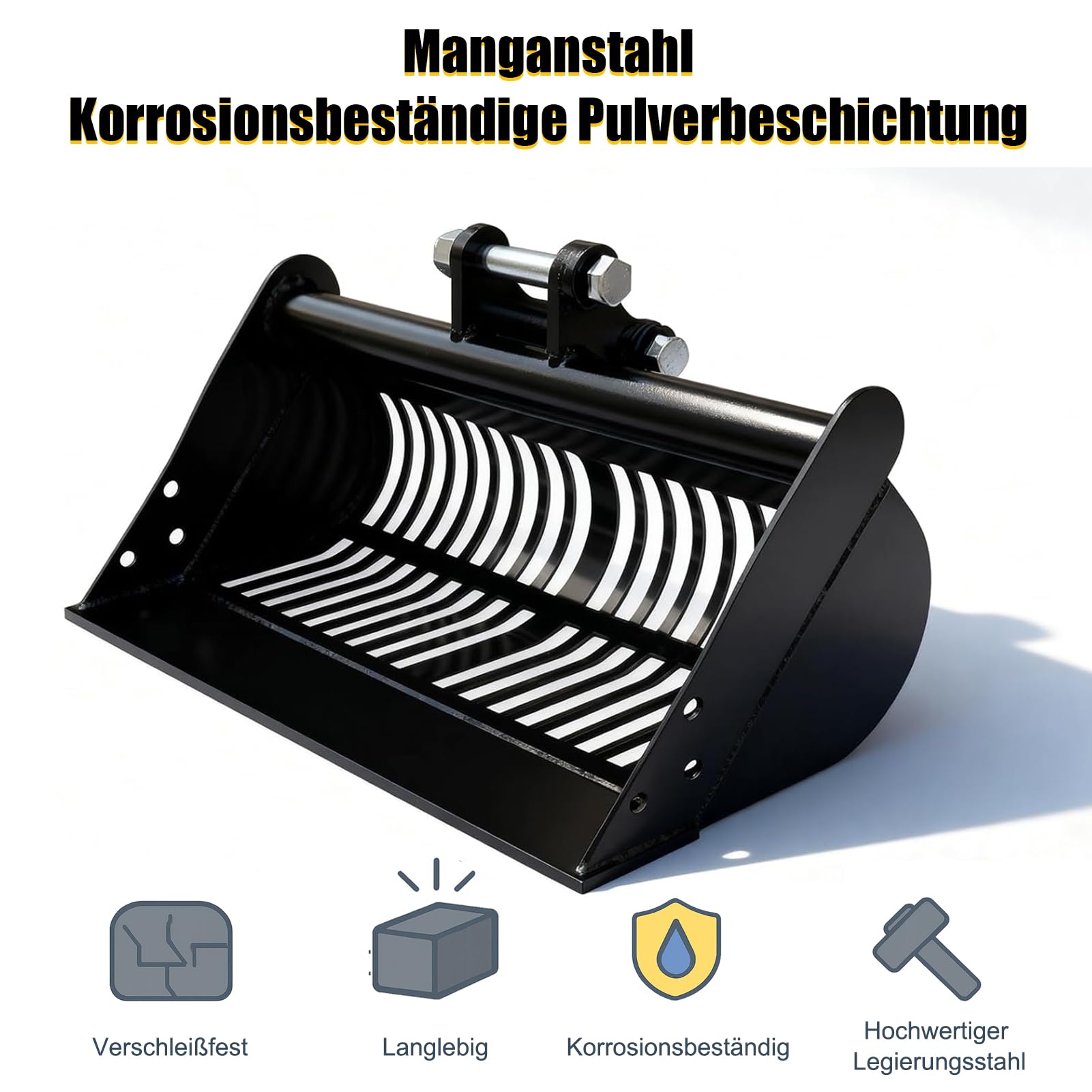 Siebschaufel Minibagger 60 cm, 800-1800 kg Sieblöffel | Manganstahl, 2,5 cm Sieböffnung, inklusive Pins, für Trennung von Erde, Sand, Steinen und grobem Material