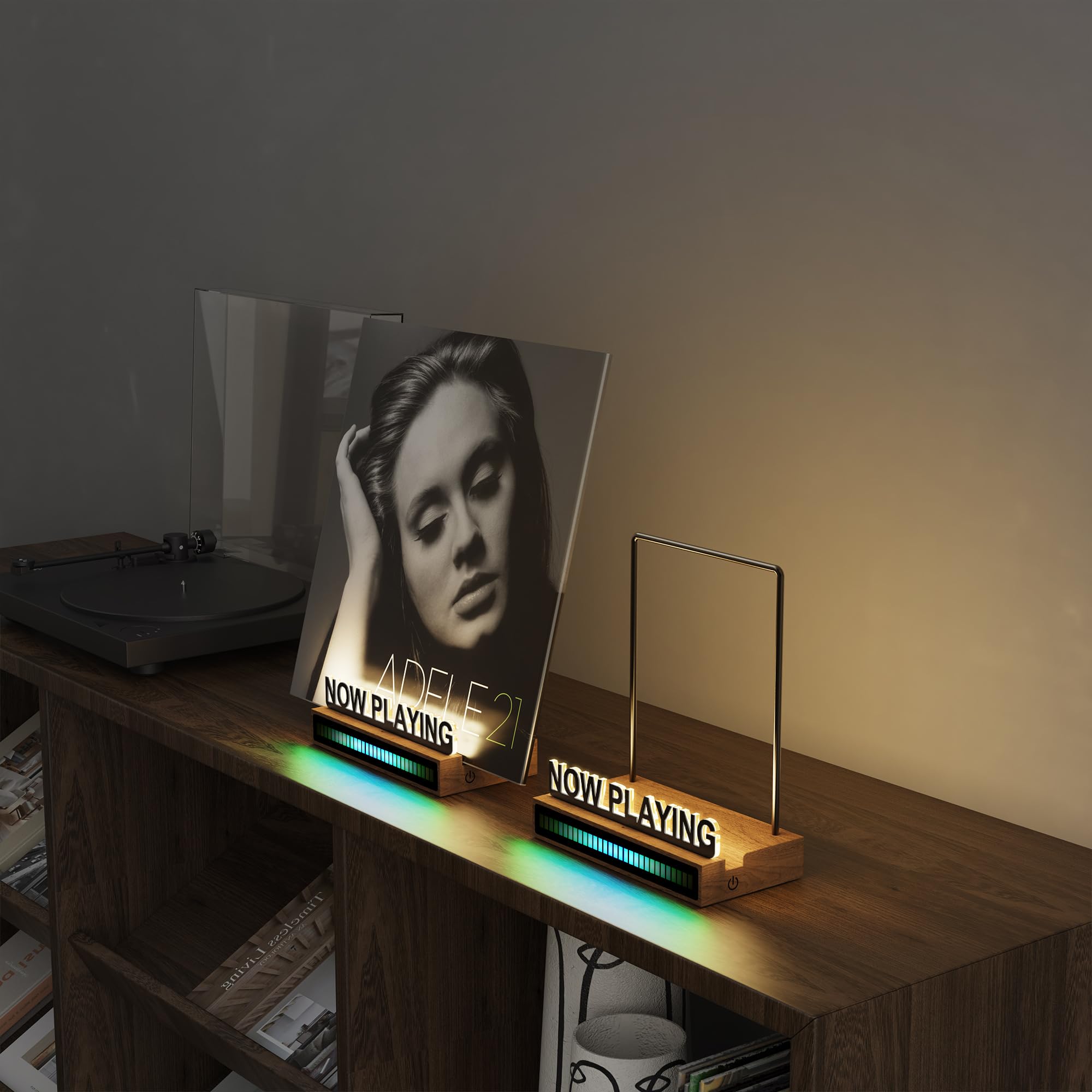 KORRTFID Now Playing - Supporto per dischi in vinile, illuminato, con controllo del suono RGB, barra luminosa ritmica, luce bianca calda con lettere acriliche a prova di impronte digitali