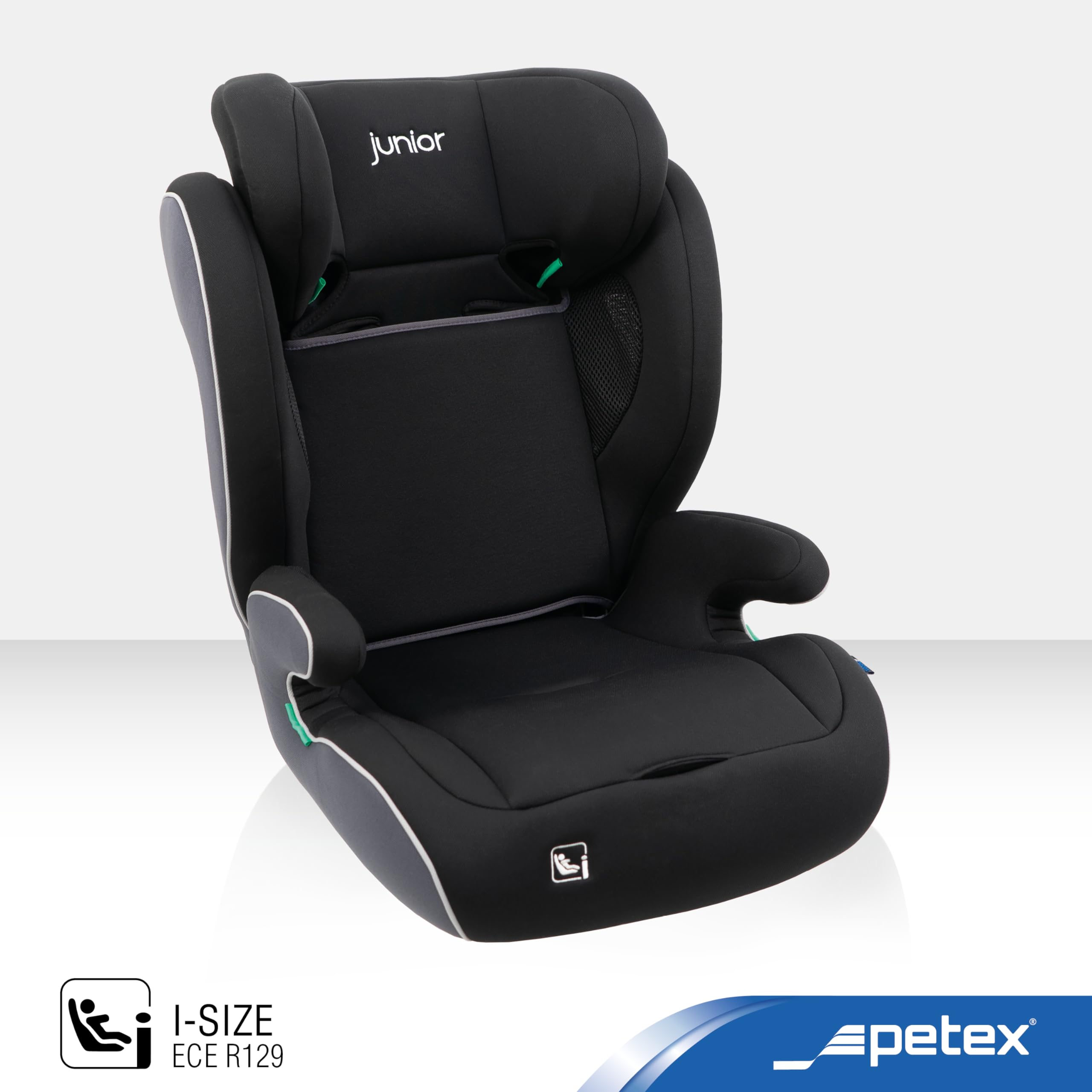 PETEX Fotelik samochodowy dla dzieci z ISOFIX – Supreme Plus i-Size norma ECE R129 dla dzieci w wieku od ok. 76 – 150 cm, fotelik samochodowy z regulacją wysokości w kolorze czarnym, 1 sztuka