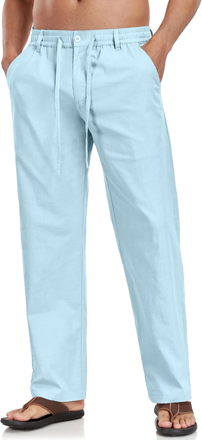 Boisouey Mens Casual Linen Pants Loose Fit Elastic Waist Drawstring Beach Summer Yoga Trousers