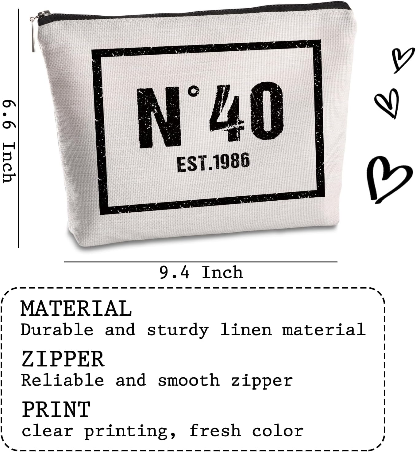 40 Year Old Birthday Gifts for Women Makeup Bag 40th Birthday Decorations for Her Mom Friends Sister Travel Zipper Pouch 1986 Happy 40th Birthday Gifts Cosmetic Bag - Image 2