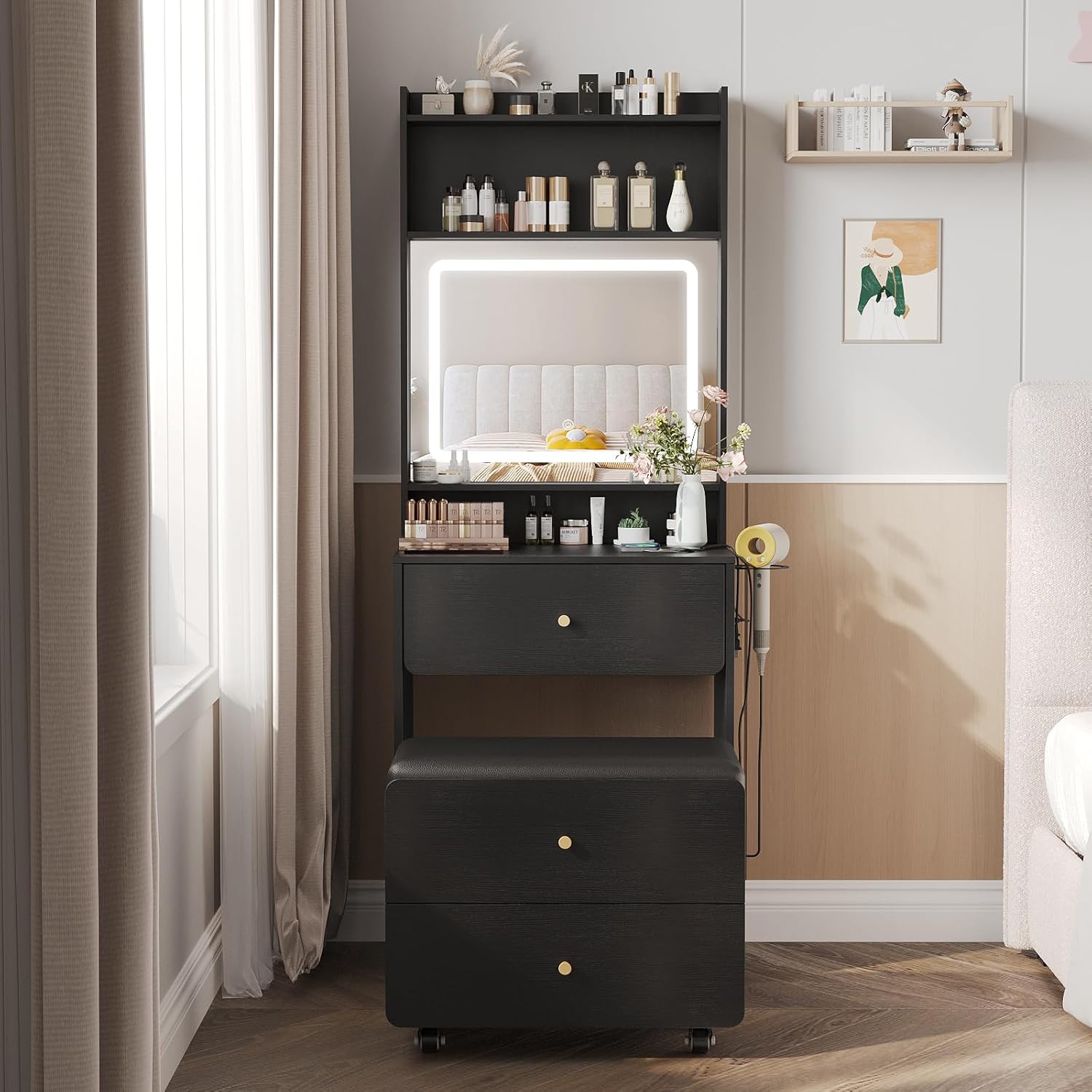 Vabches Make Up Vanity Desk with Mirror and Lights, Black Vanity Table Set with Charger Station,Girls Small Vanity and Storage Chair